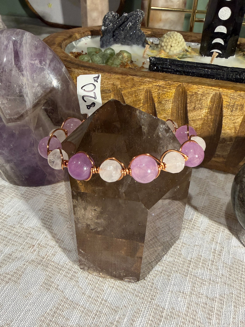 Kunzite & Rose Quartz 6.5 inch copper wire-wrapped bracelet