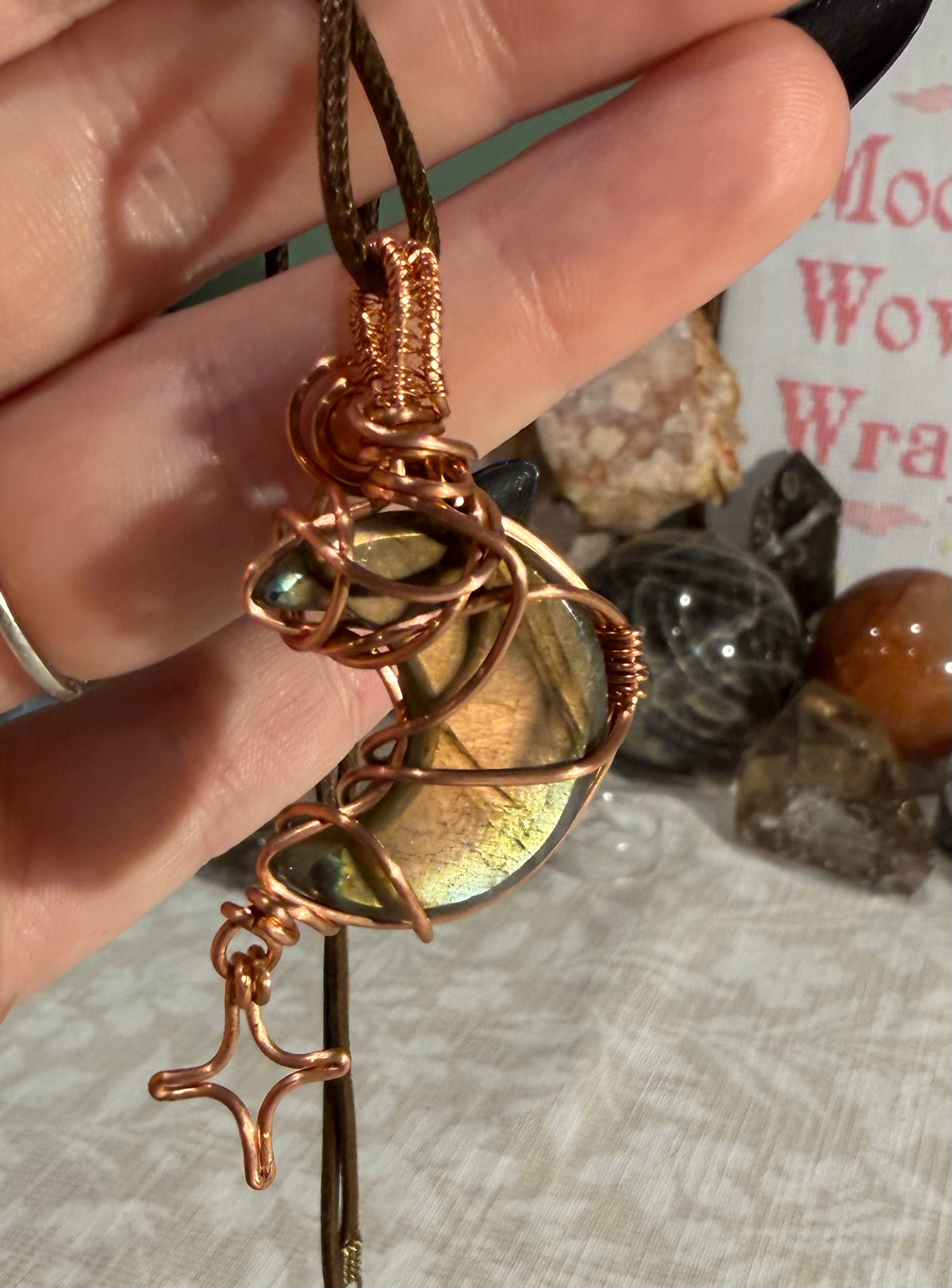 Labradorite moon copper wire-wrapped pendant