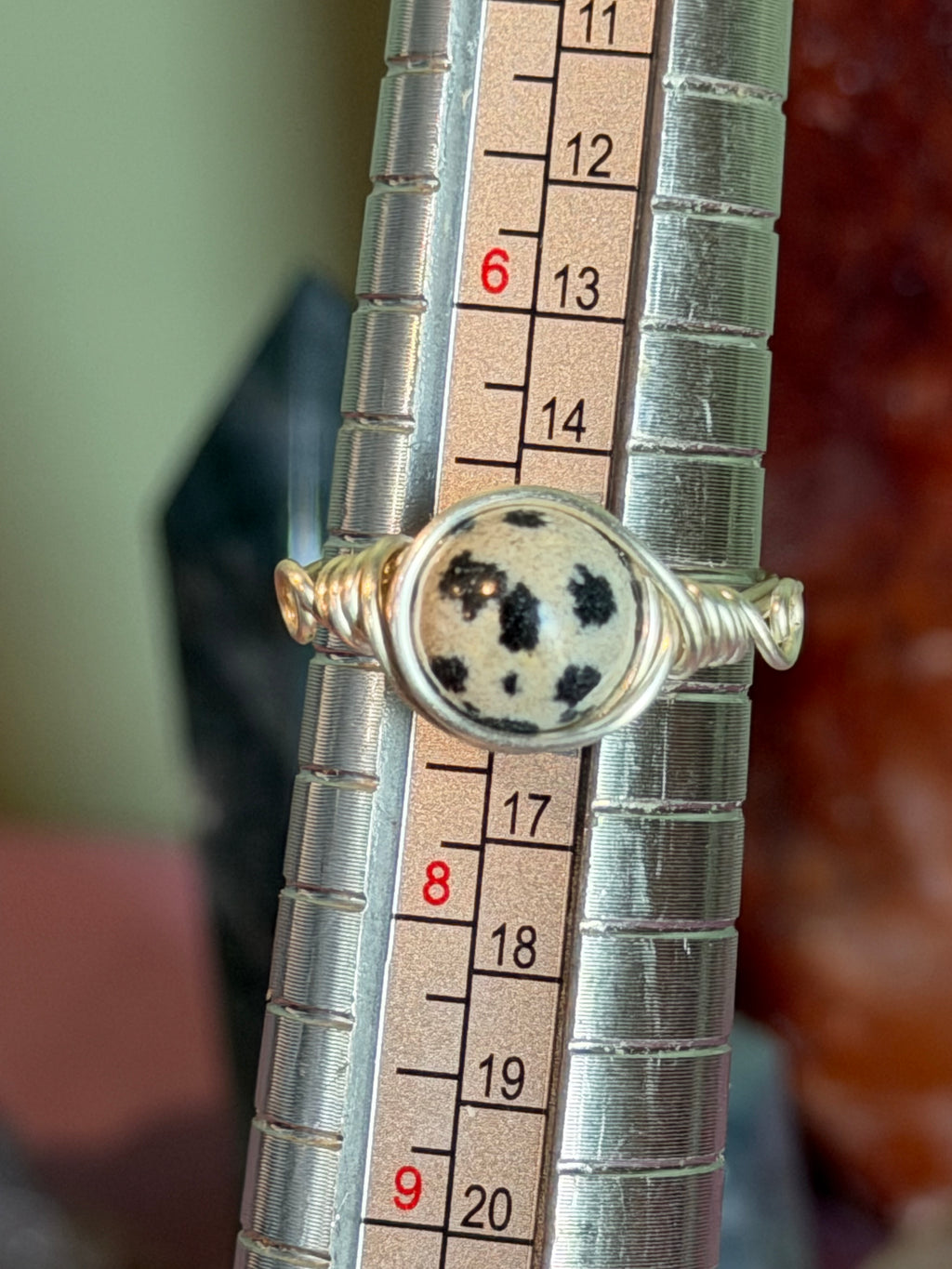 Dalmatian Jasper size 7 silver-tone copper wire-wrapped ring