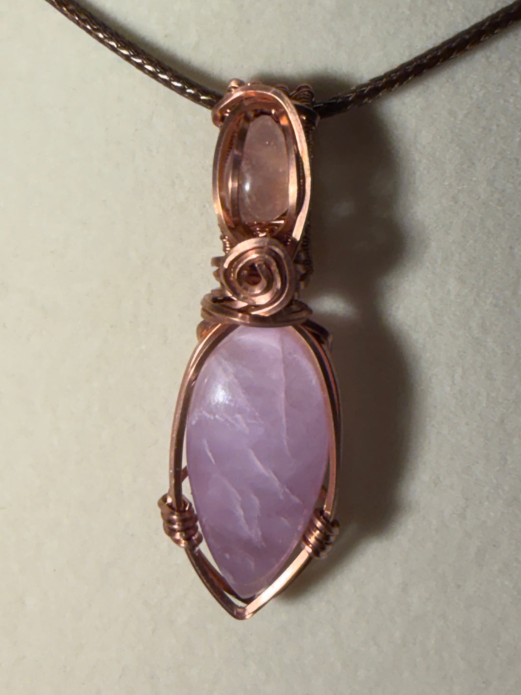 Kunzite & Rose Quartz copper wire-wrapped pendant