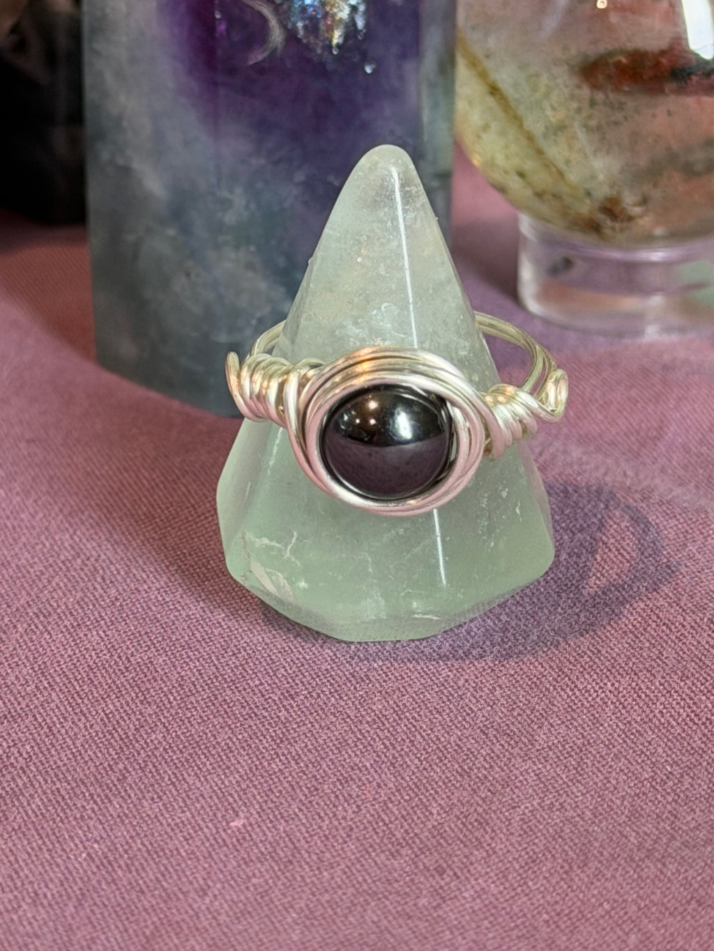 Hematite size 5 silver-tone copper wire-wrapped ring
