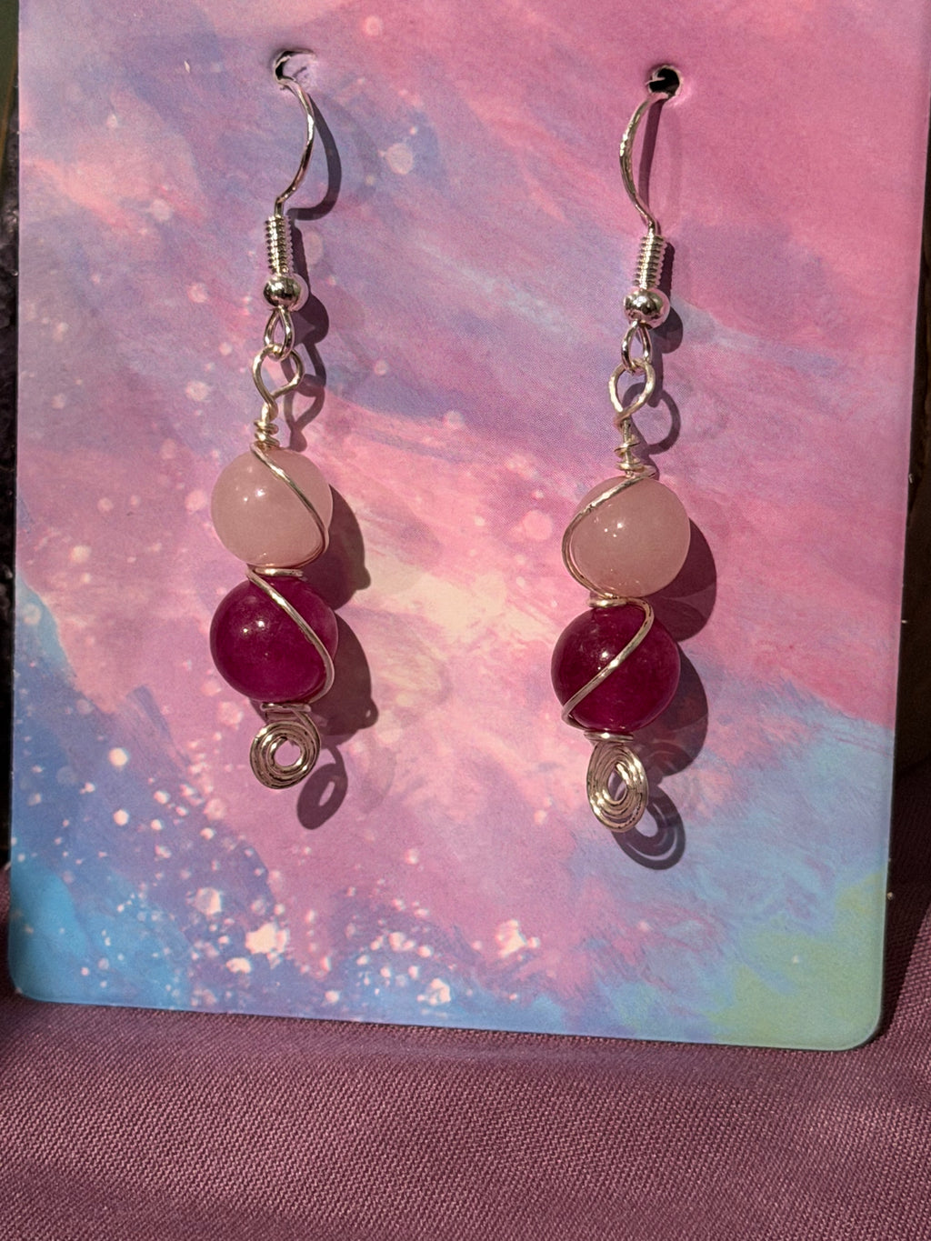 Pink Tourmaline & Rose Quartz silver-tone copper wire-wrapped earrings