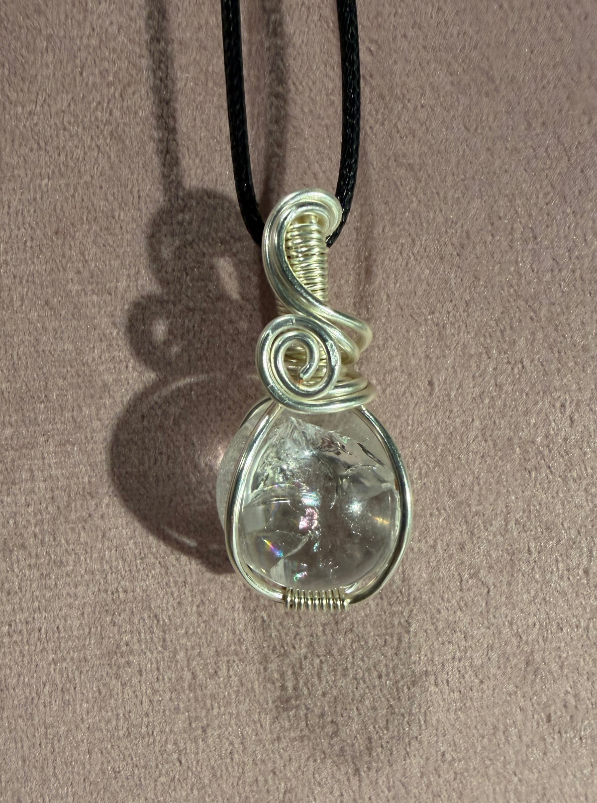Clear Quartz mini sphere silver-tone copper wire-wrapped pendant