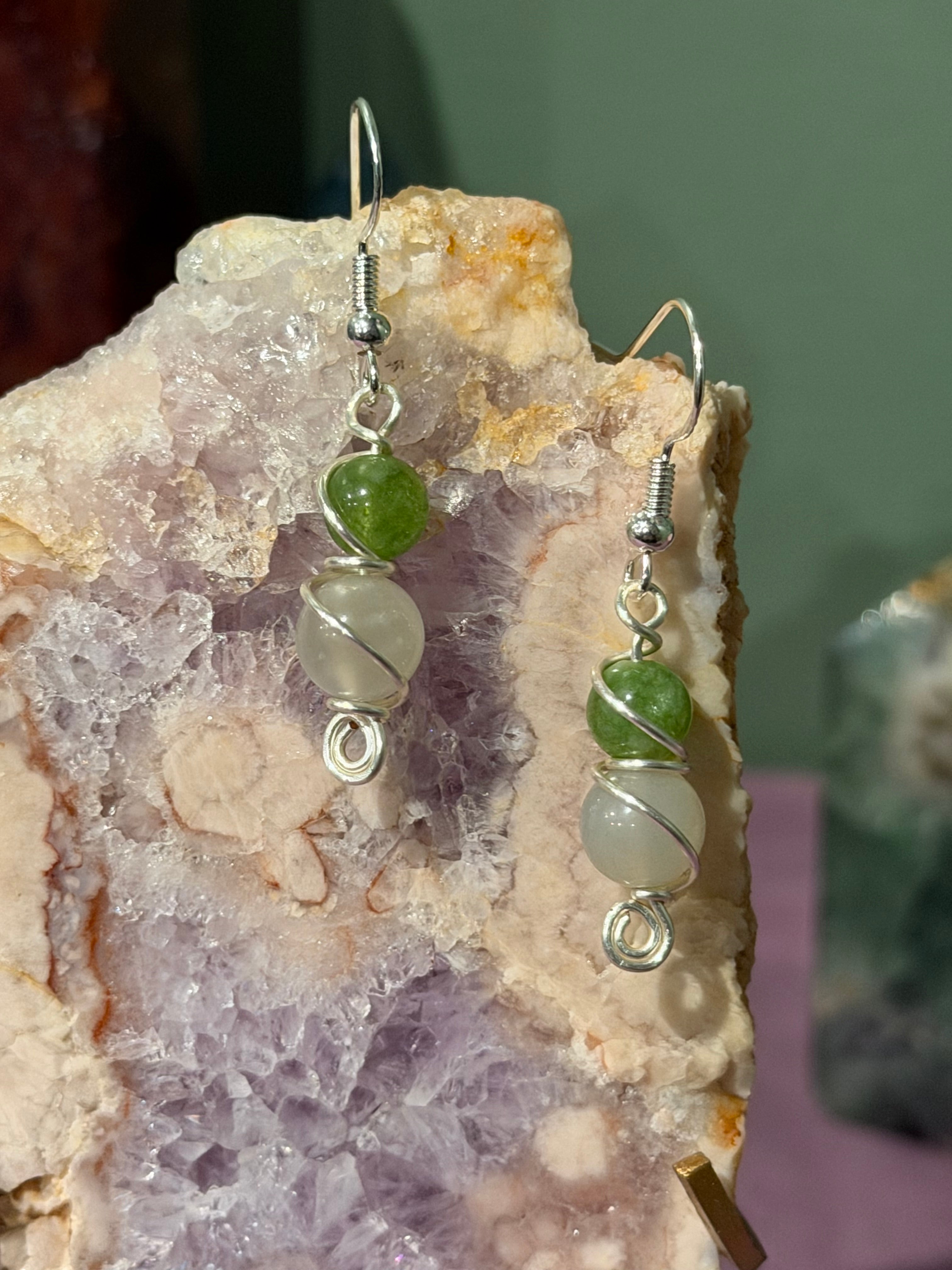 Peridot & Moonstone silver-tone copper wire-wrapped earrings