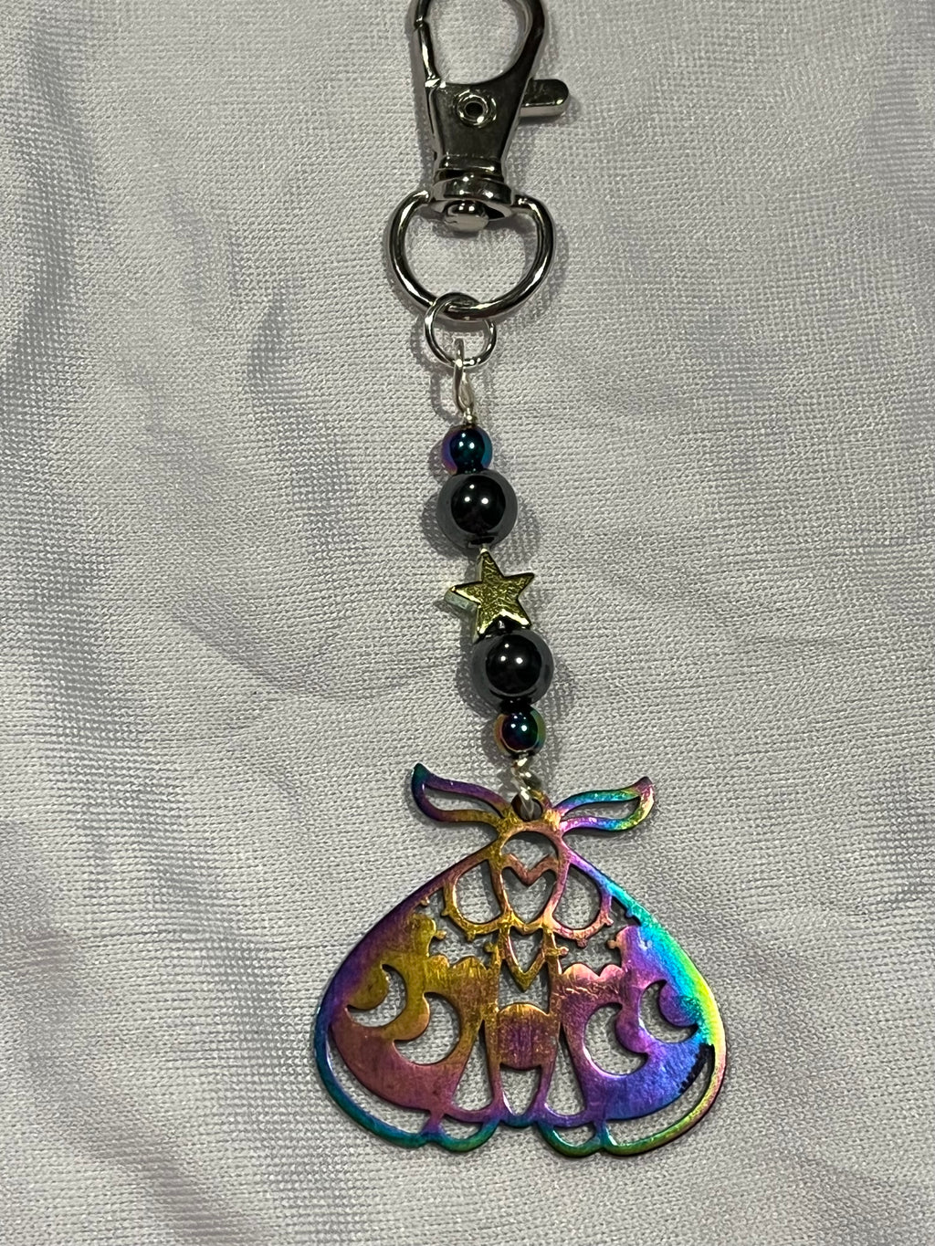 Multicolor moth silver-tone keychain/ purse charm with Hematite and star beads