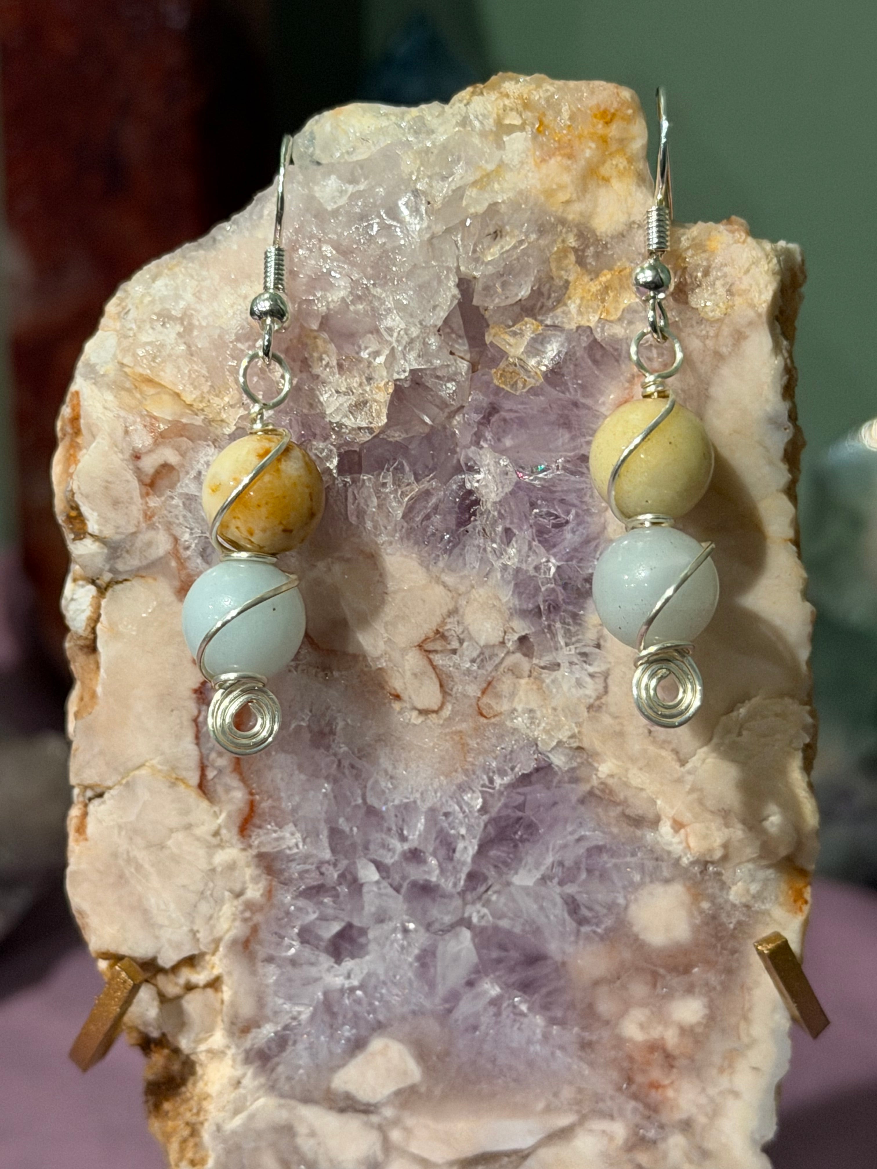 Double Amazonite silver-tone copper wire-wrapped earrings