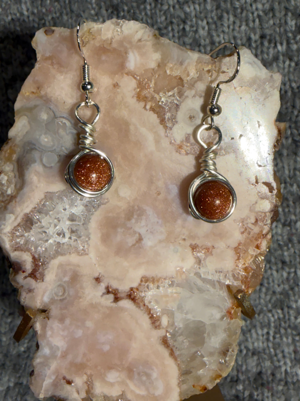 Sandstone bead silver-tone copper wire-wrapped earrings
