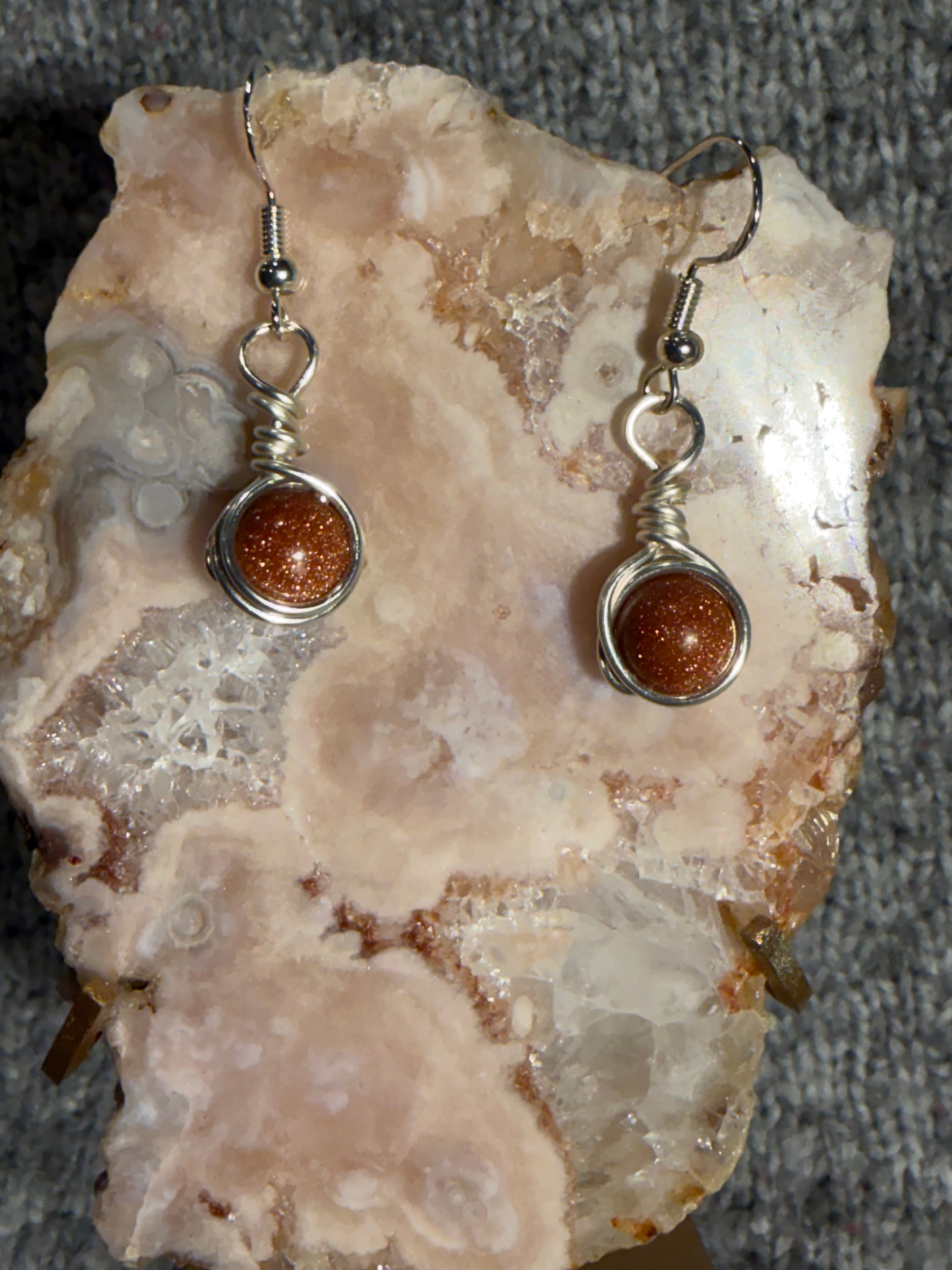 Sandstone bead silver-tone copper wire-wrapped earrings