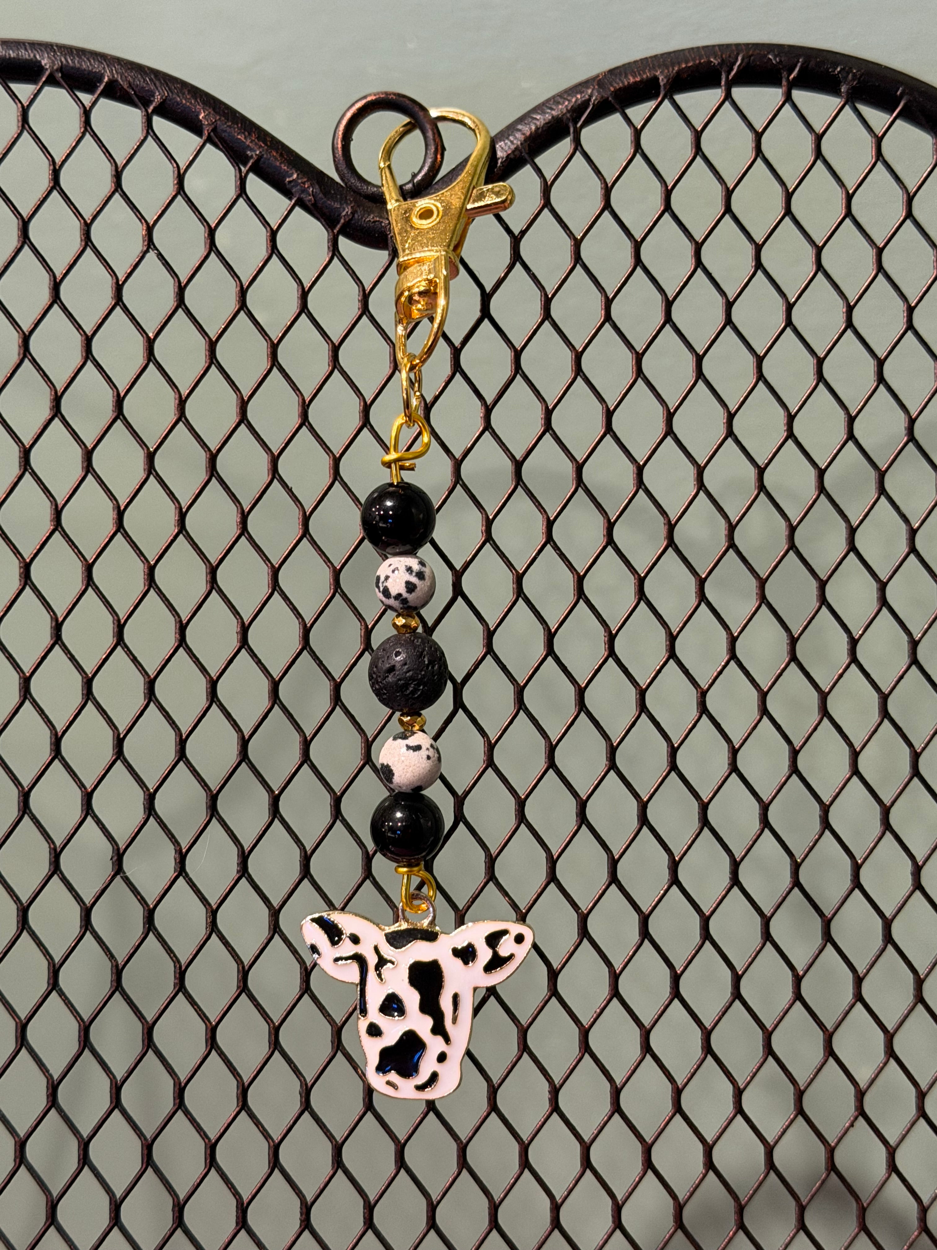 Dalmatian Jasper, Black Agate & Lava Stone gold-tone cow keychain/ purse charm