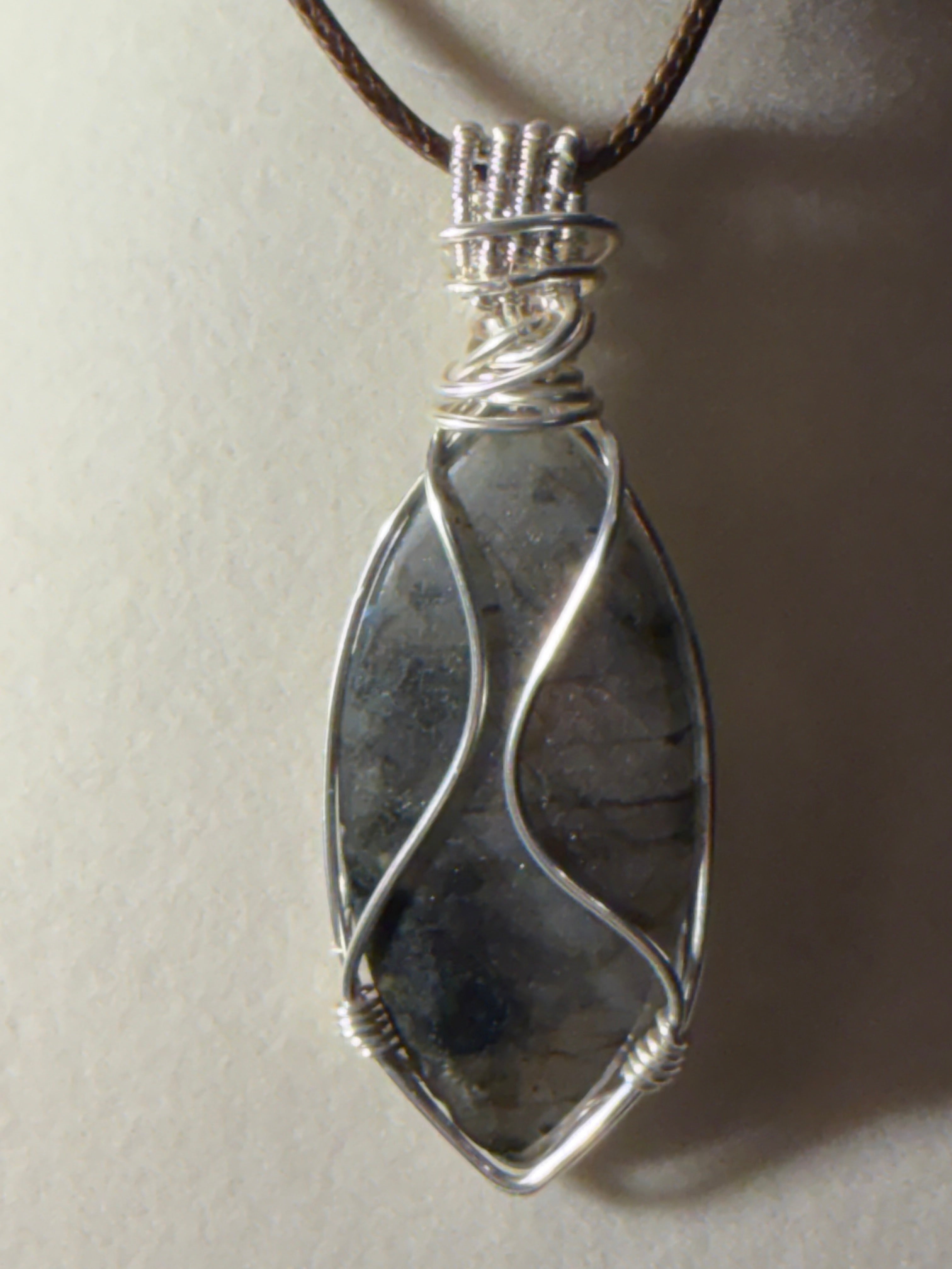 Flower Carved Labradorite & Iolite silver-tone copper wire-wrapped pendant