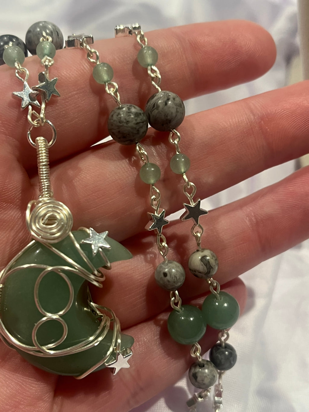 Green Aventurine moon silver-tone copper wire wrapped pendant beaded necklace