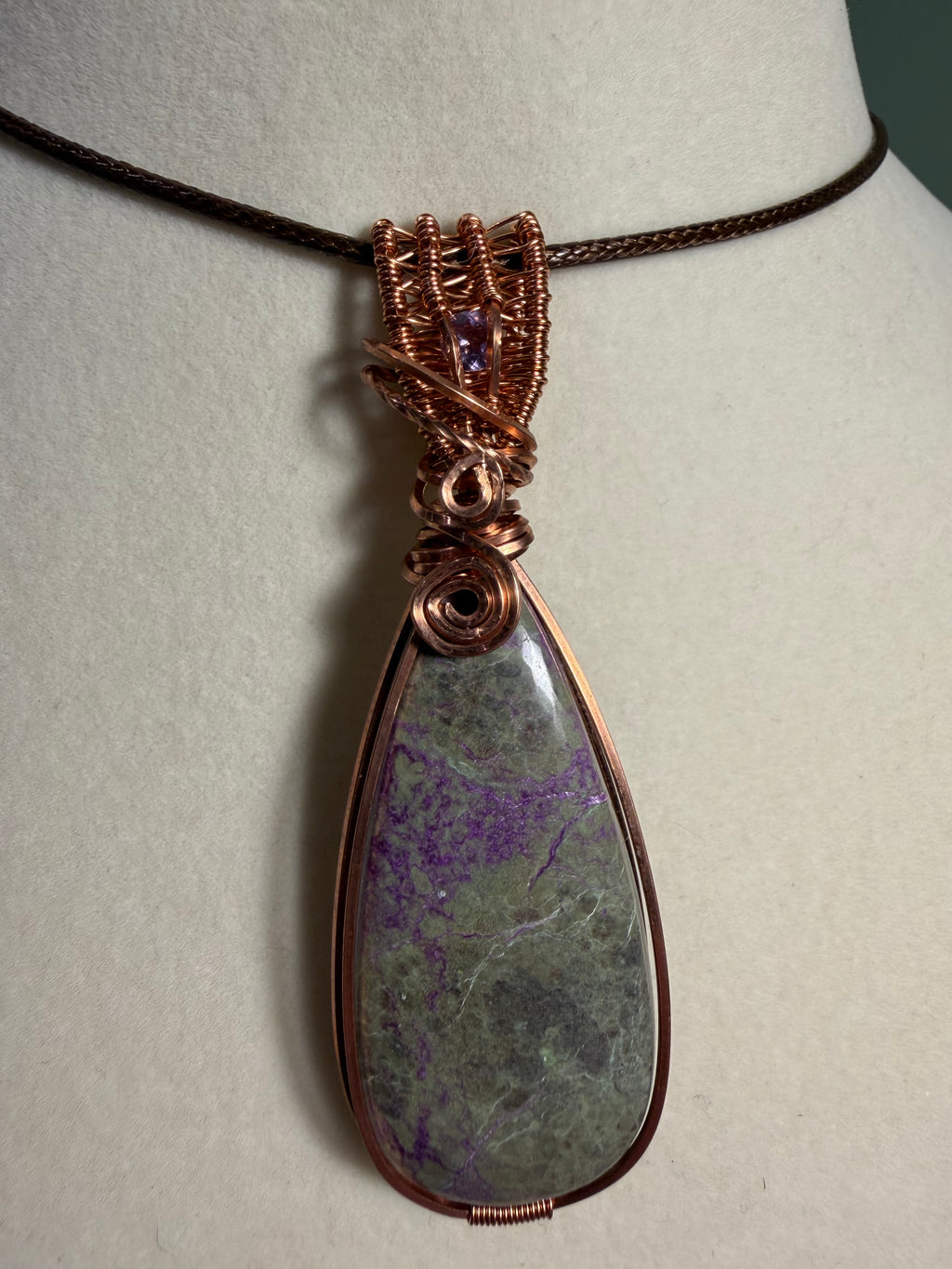 Atlantisite & Amethyst copper wire-wrapped pendant
