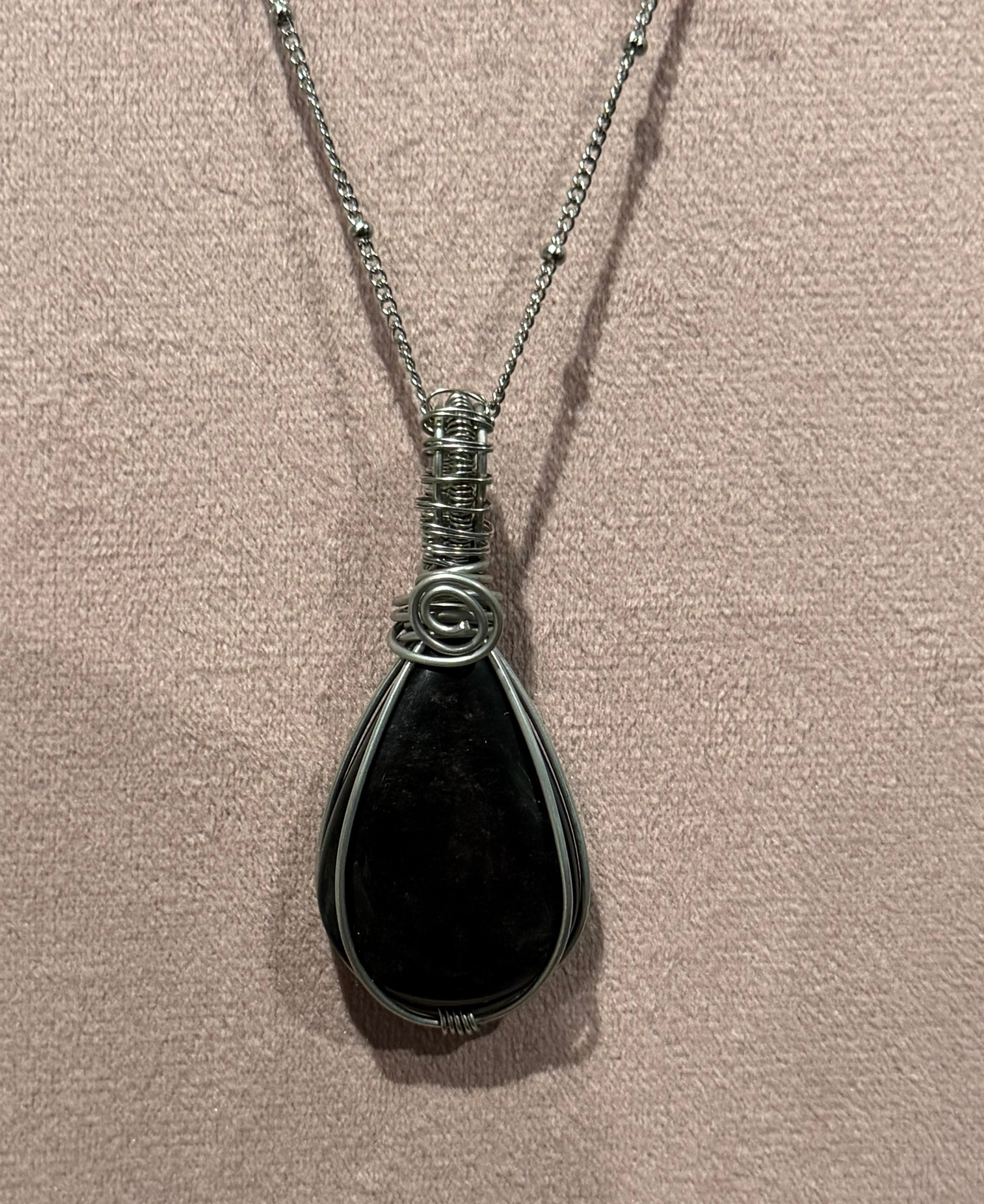 Silver Sheen Obsidian stainless-steel wire-wrapped pendant