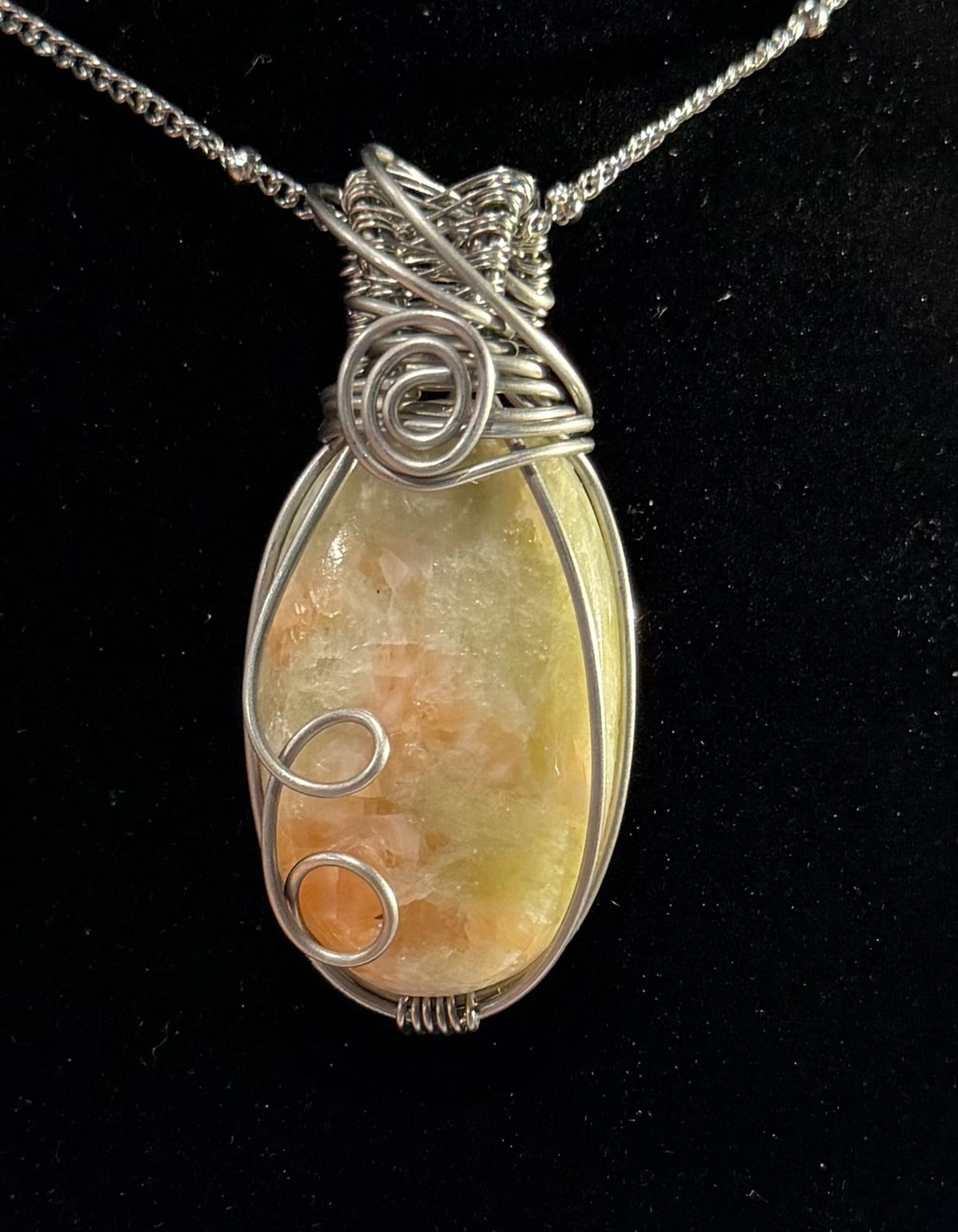Green Aphophylite & Peach Stilbite stainless steel wire-wrapped pendant