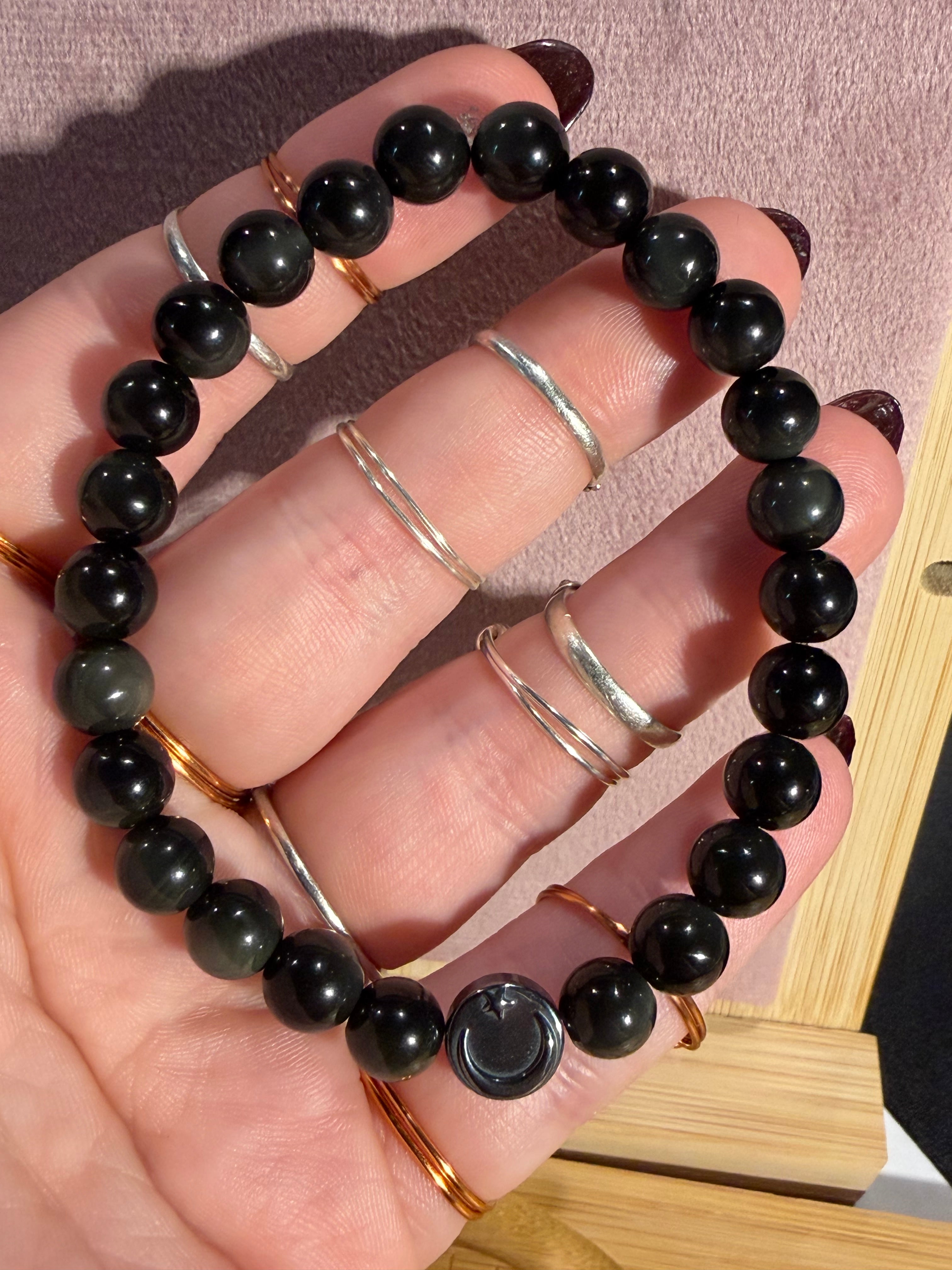 Rainbow sheen Obsidian & Hematite 7 inch beaded stretchy bracelet