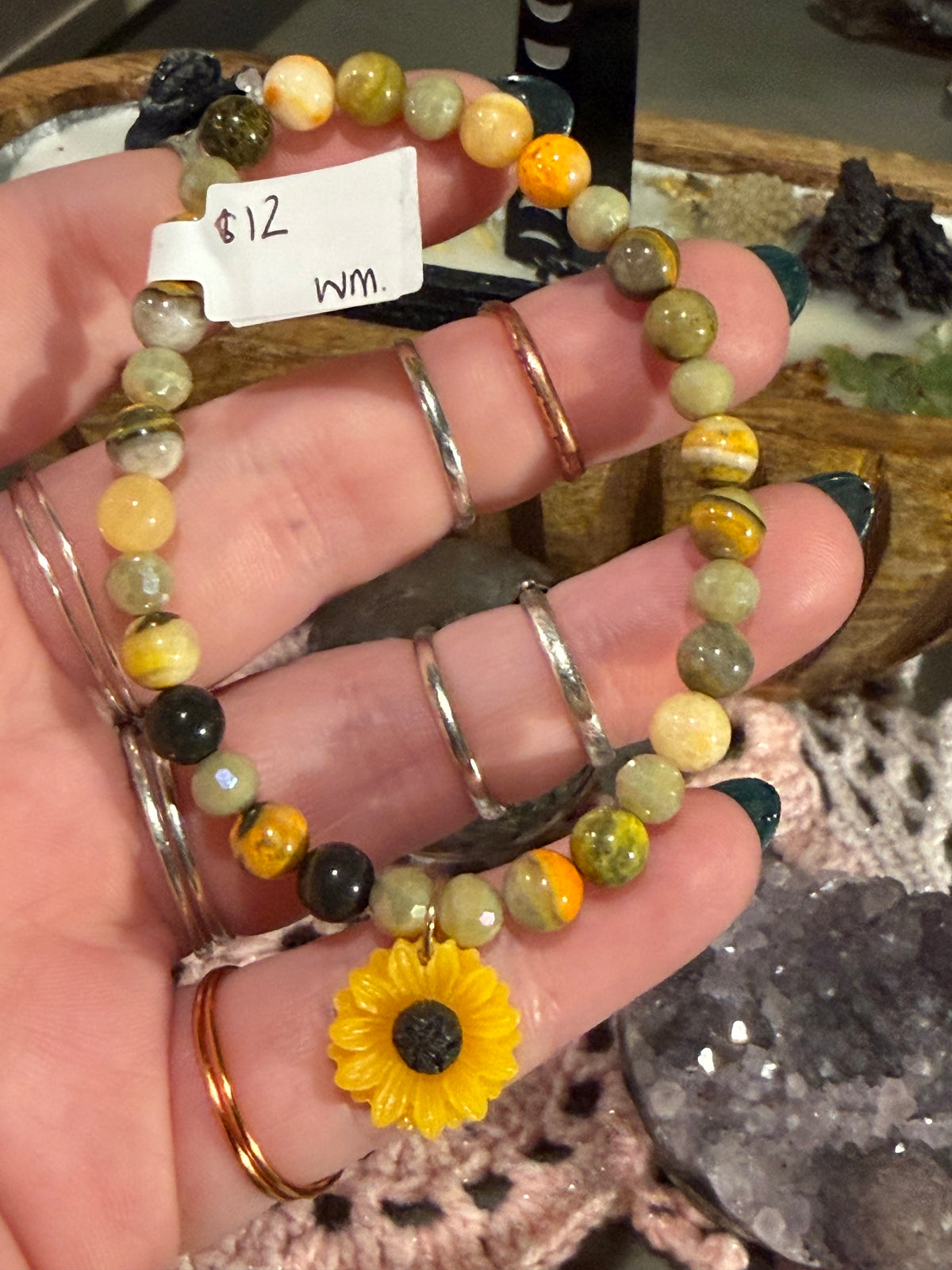 Bumblebee Jasper 6.75-inch stretchy bracelet with sunflower charm