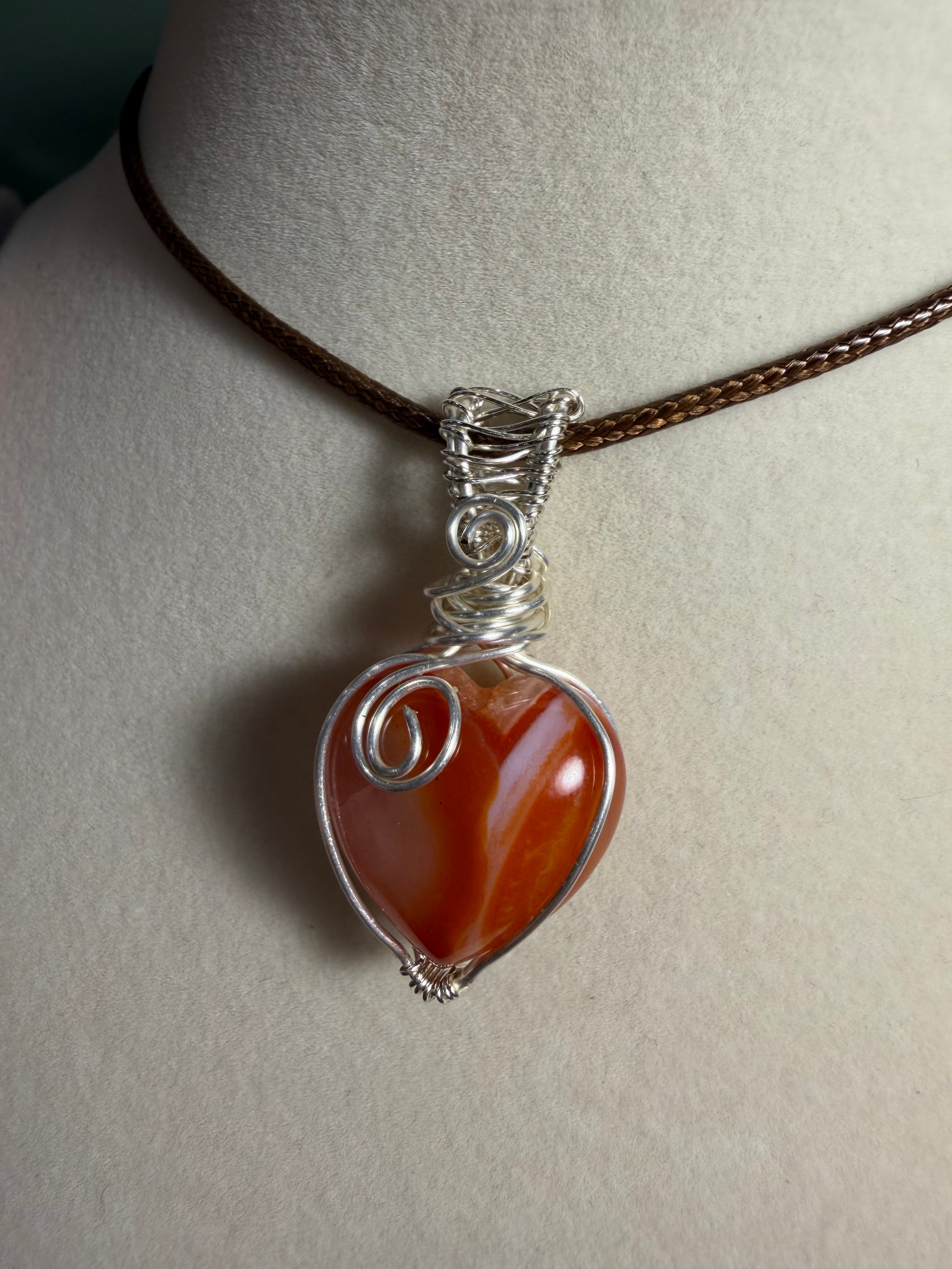 Carnelian heart silver-tone copper wire-wrapped pendant