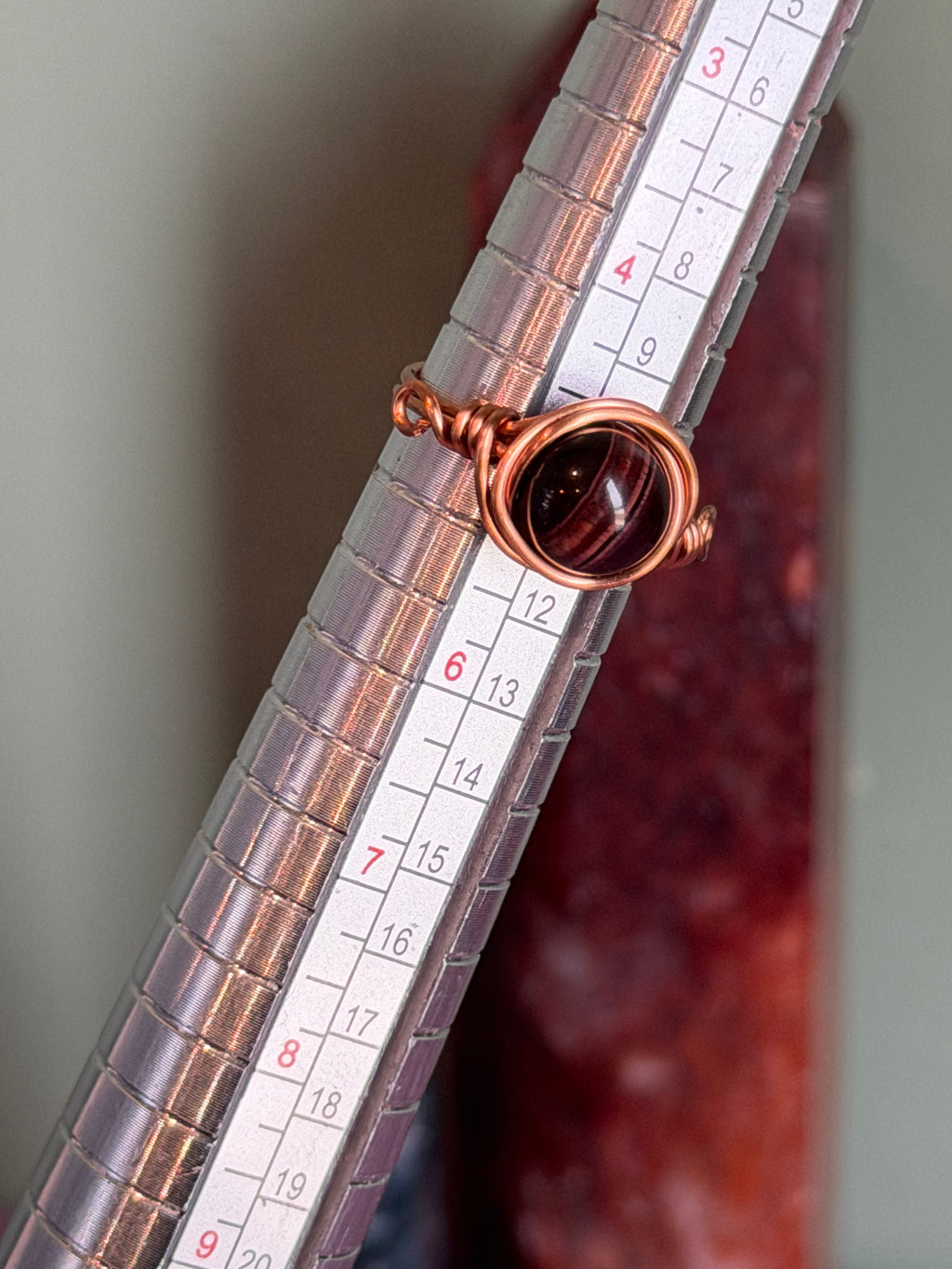 Red Tiger's Eye size 5 copper wire-wrapped ring