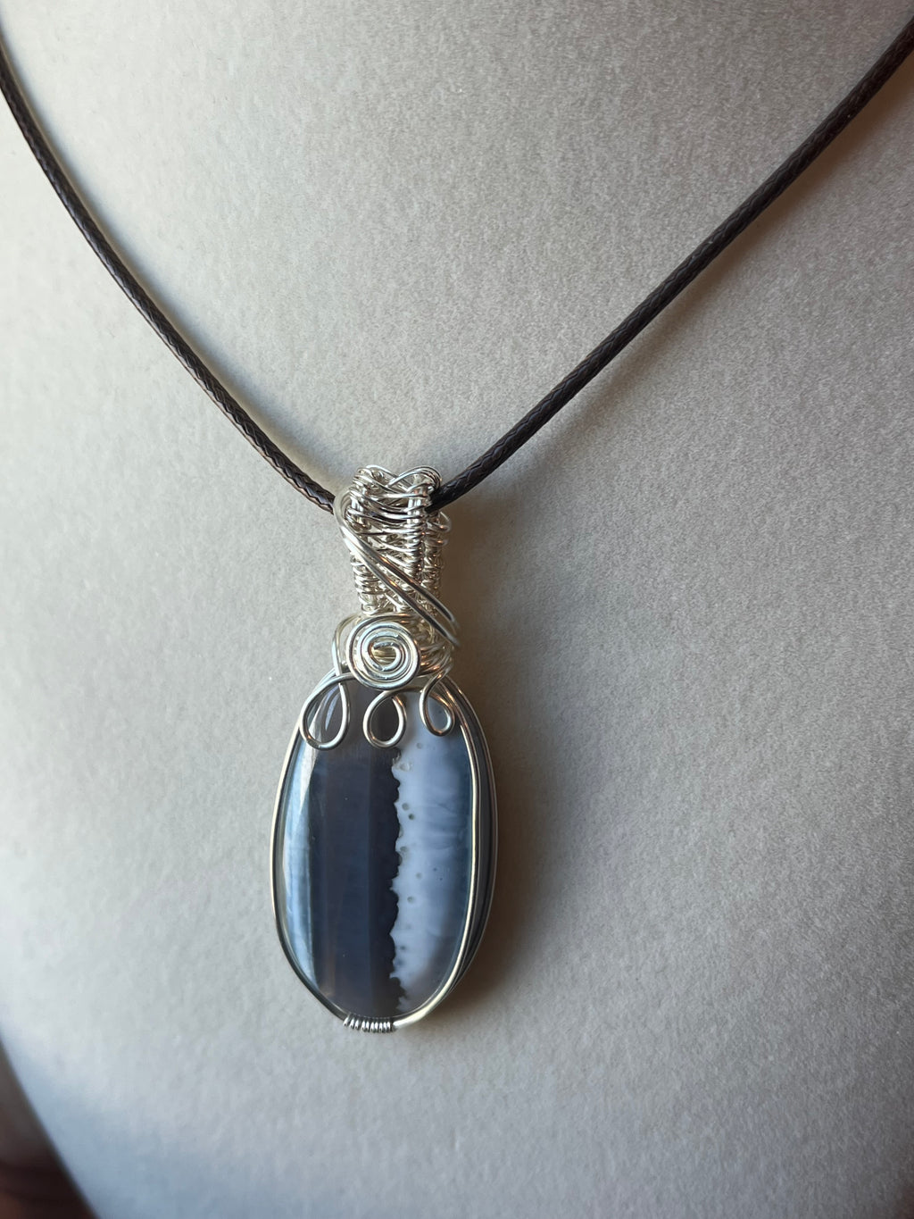 Blue Opal silver-tone copper wire-wrapped pendant