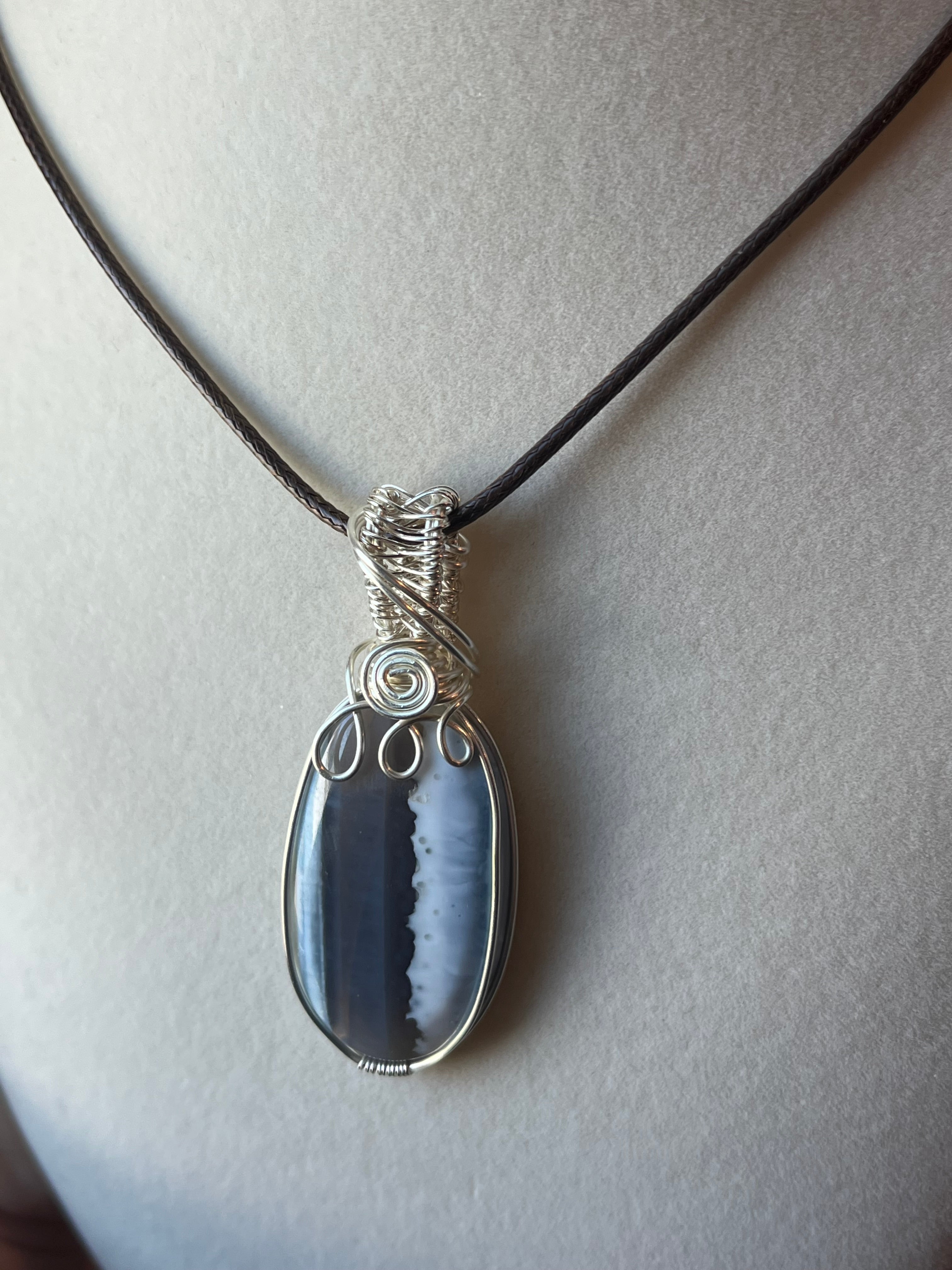 Blue Opal silver-tone copper wire-wrapped pendant