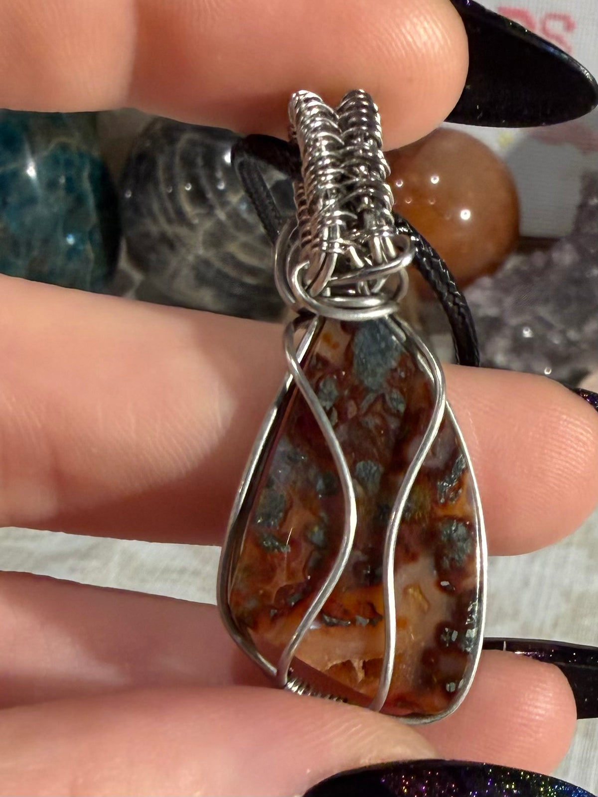 Red Marcasite stainless steel wire-wrapped pendant