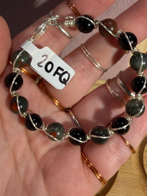 African Bloodstone & Obsidian 6-inch silver-tone copper wire-wrapped bracelet