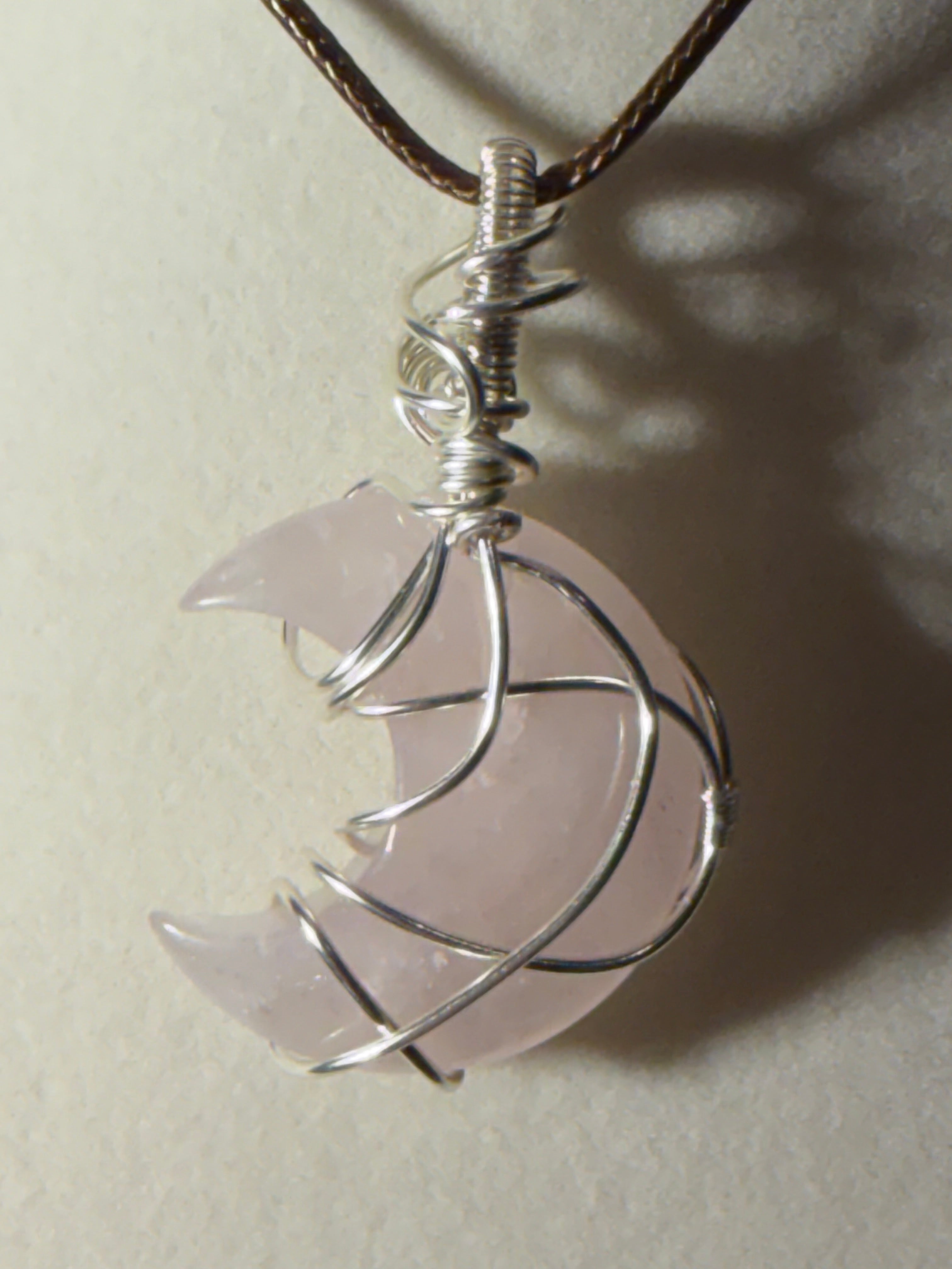 Rose Quartz silver-tone copper wire-wrapped moon pendant