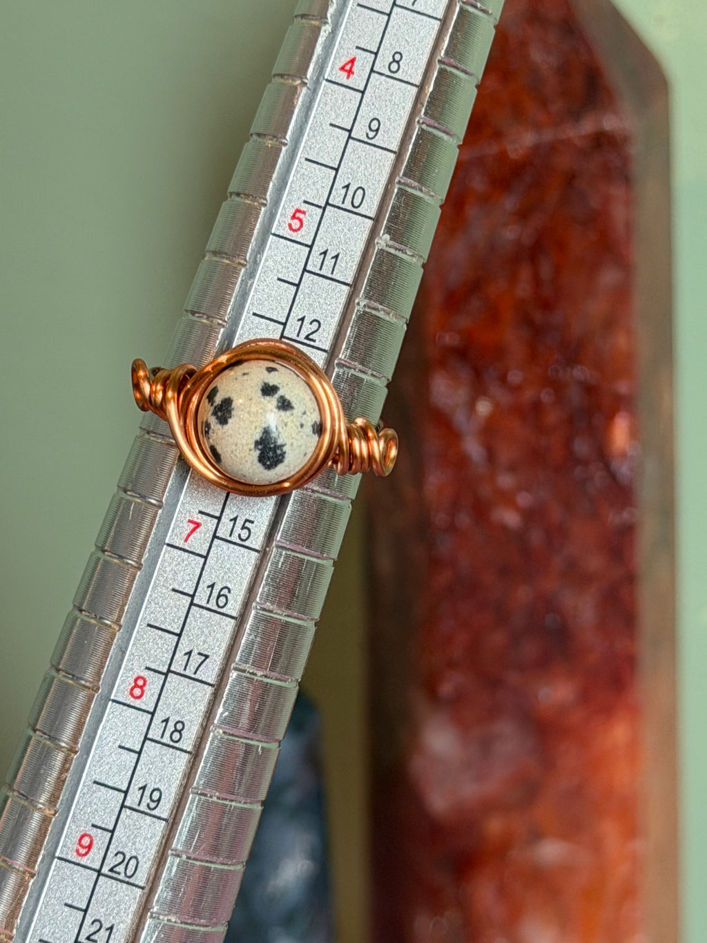 Dalmatian Jasper size 6 copper wire-wrapped ring