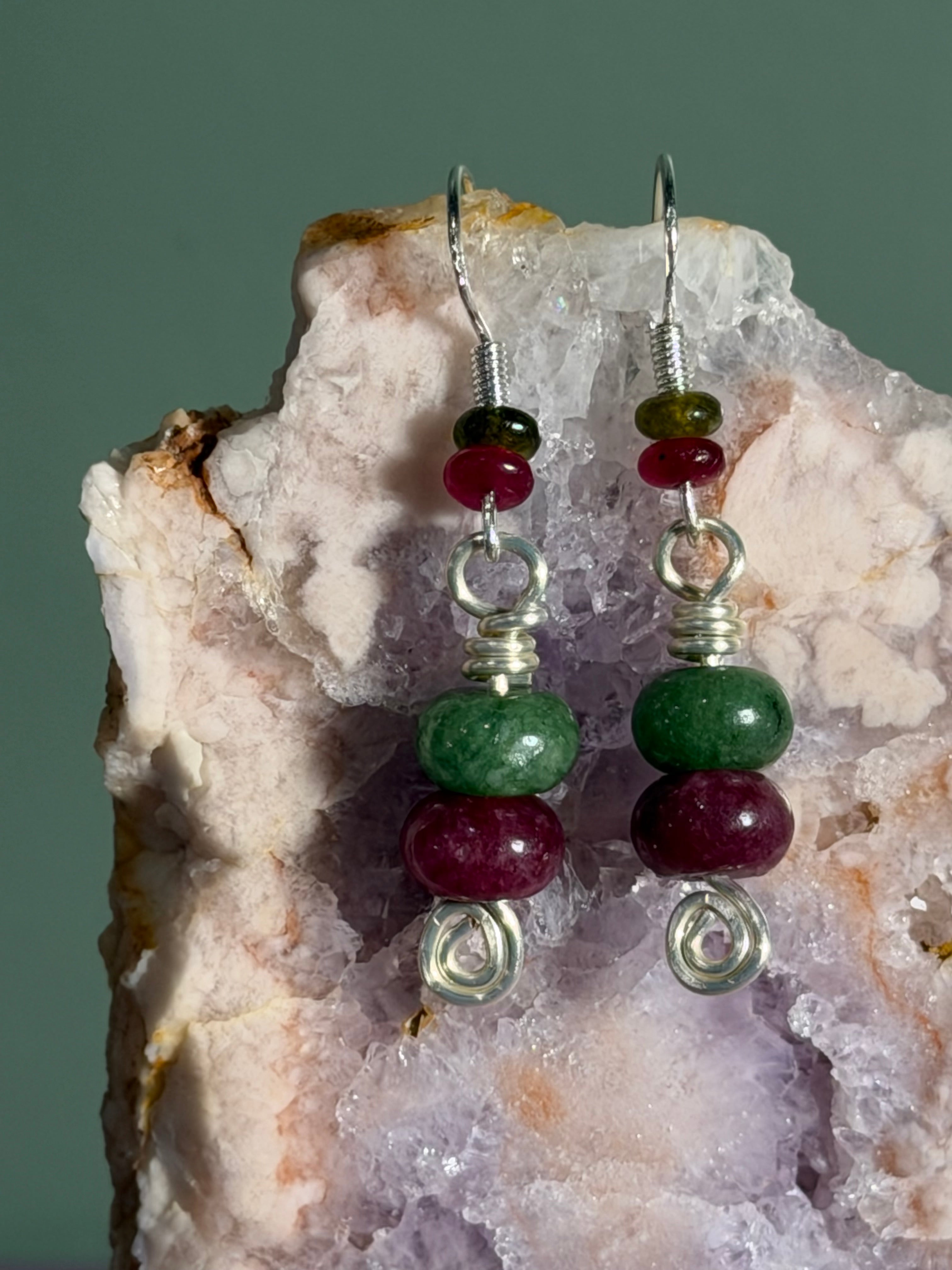 Pink & Green Tourmaline silver-tone earrings