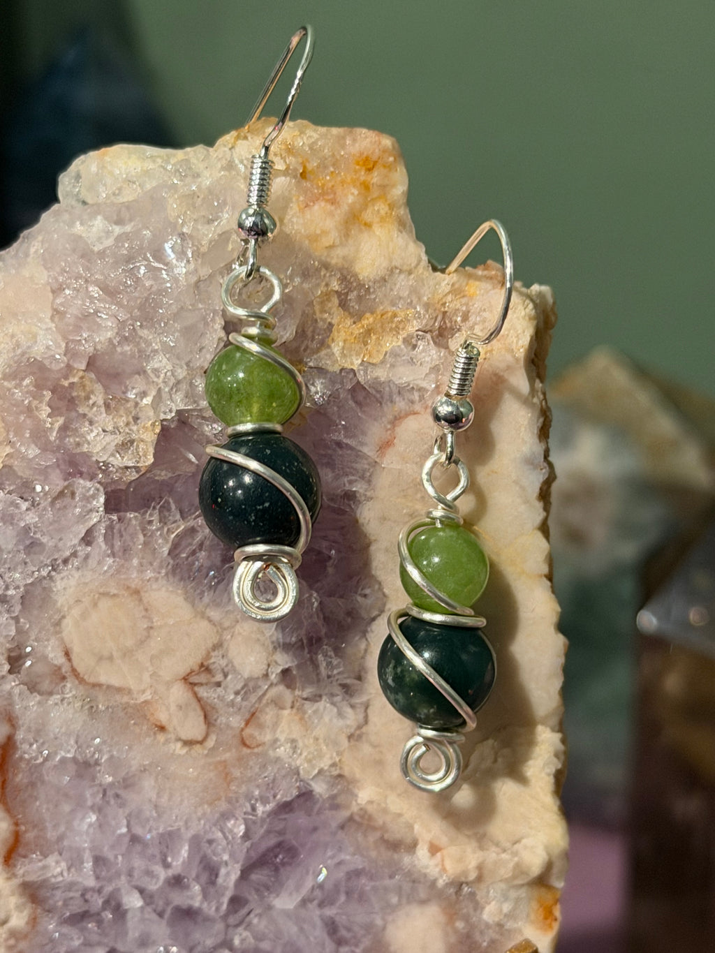 Peridot & Moss Agate silver-tone copper wire-wrapped earrings