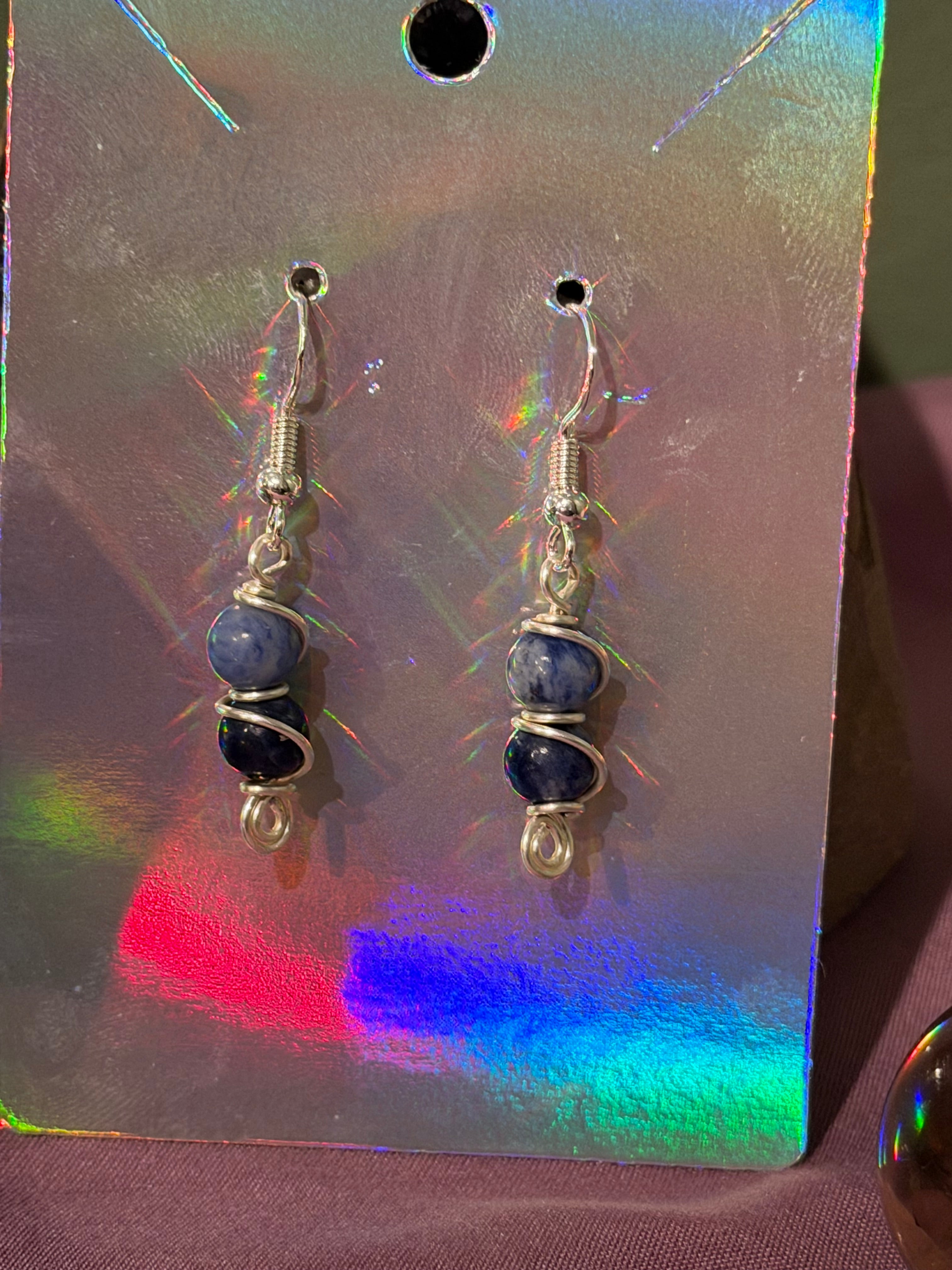 Double Sodalite silver-tone copper wire-wrapped earrings