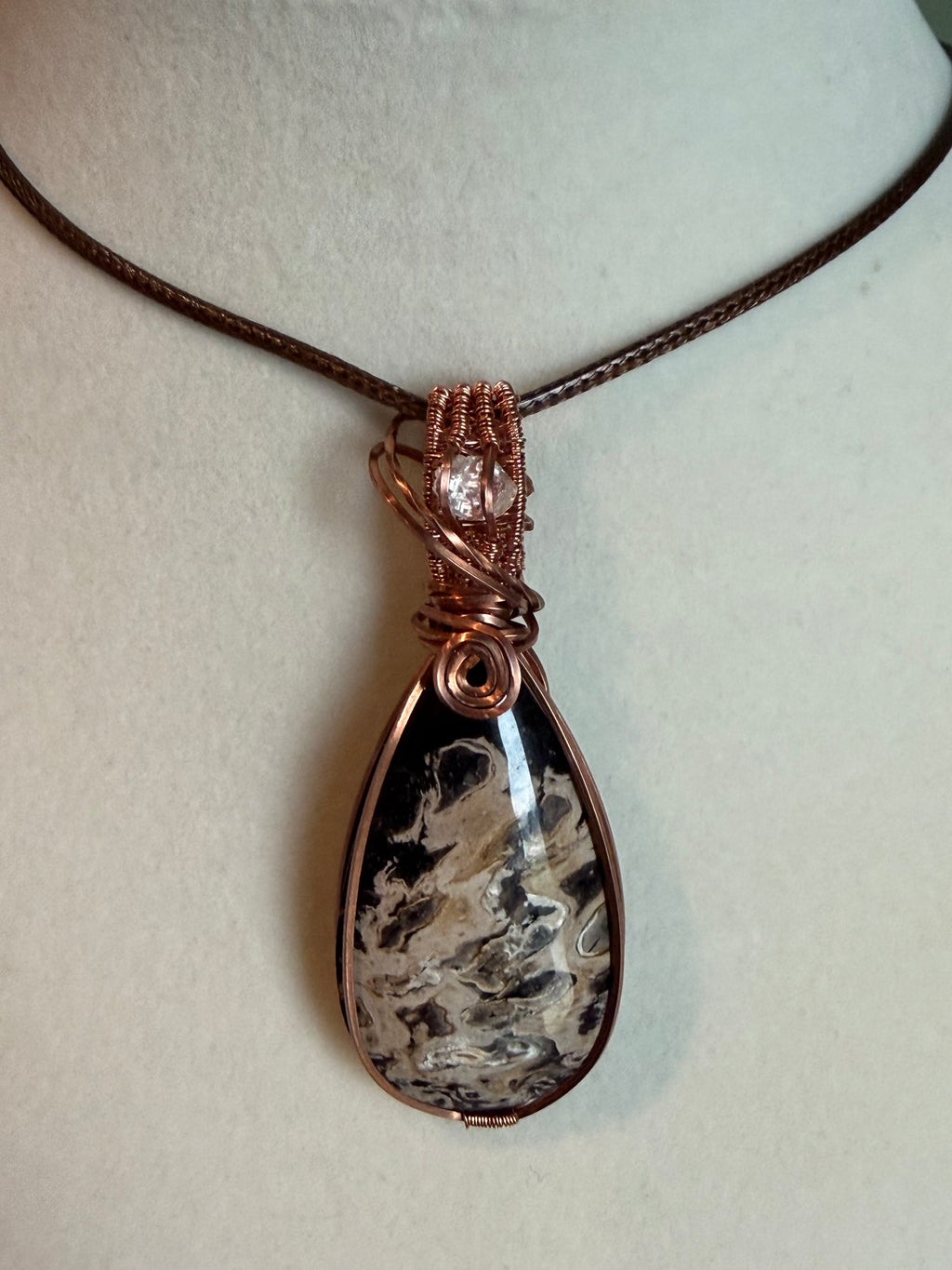 Palm Root & Herkimer Diamond copper wire-wrapped pendant