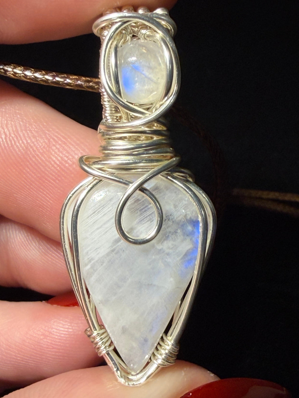 Double Moonstone silver-tone copper wire-wrapped pendant