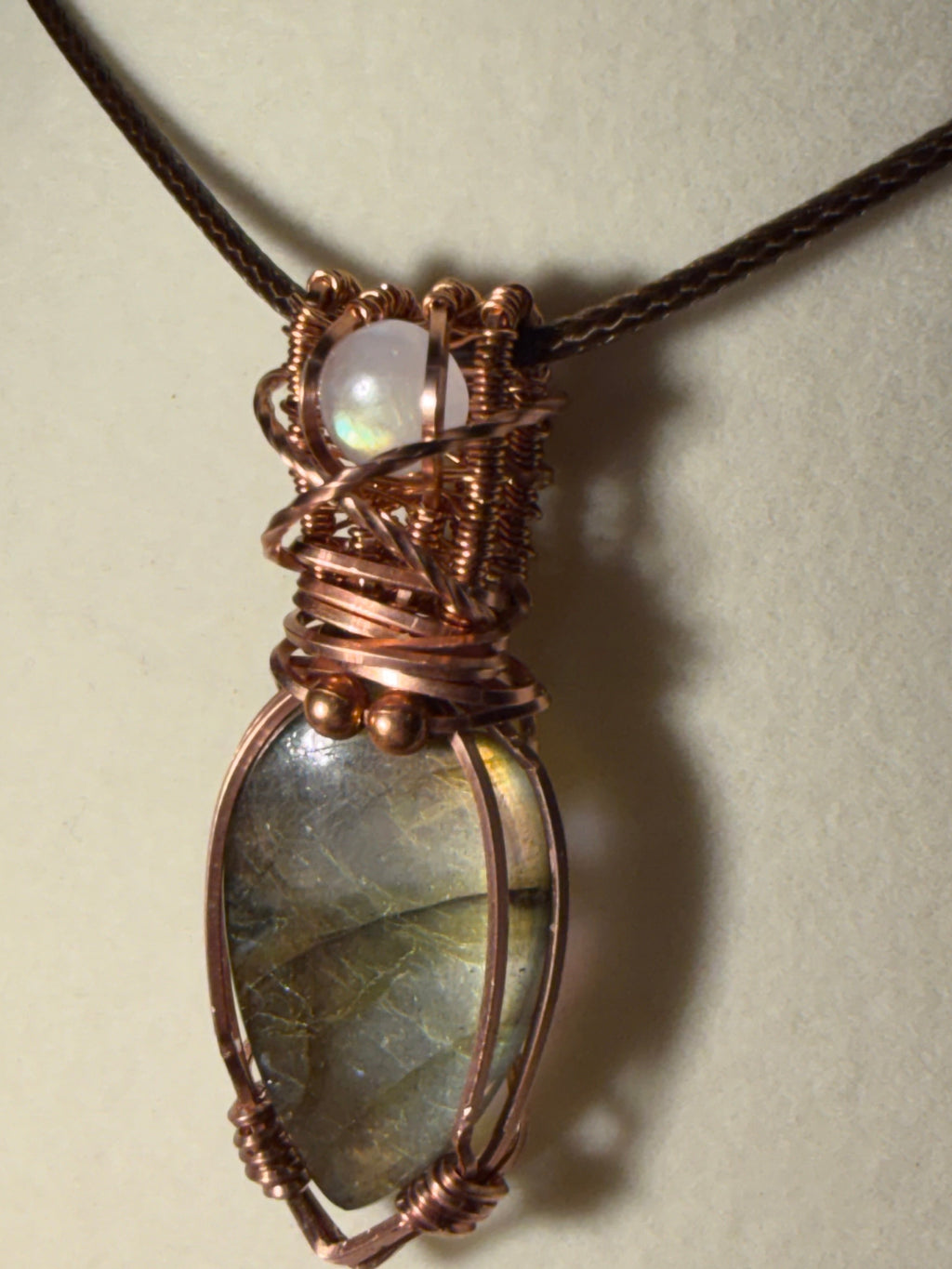 Labradorite & Moonstone copper wire-wrapped pendant