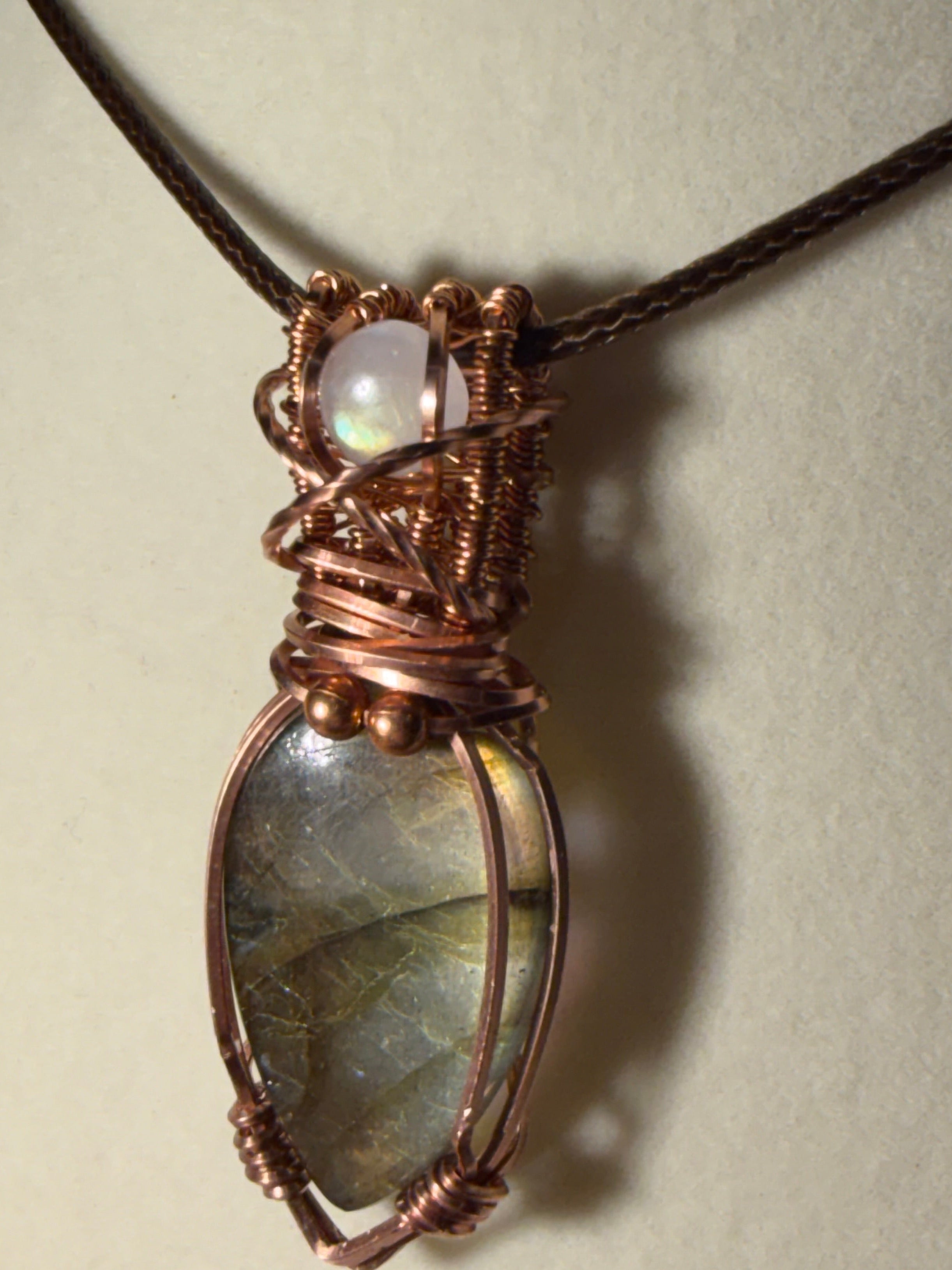 Labradorite & Moonstone copper wire-wrapped pendant