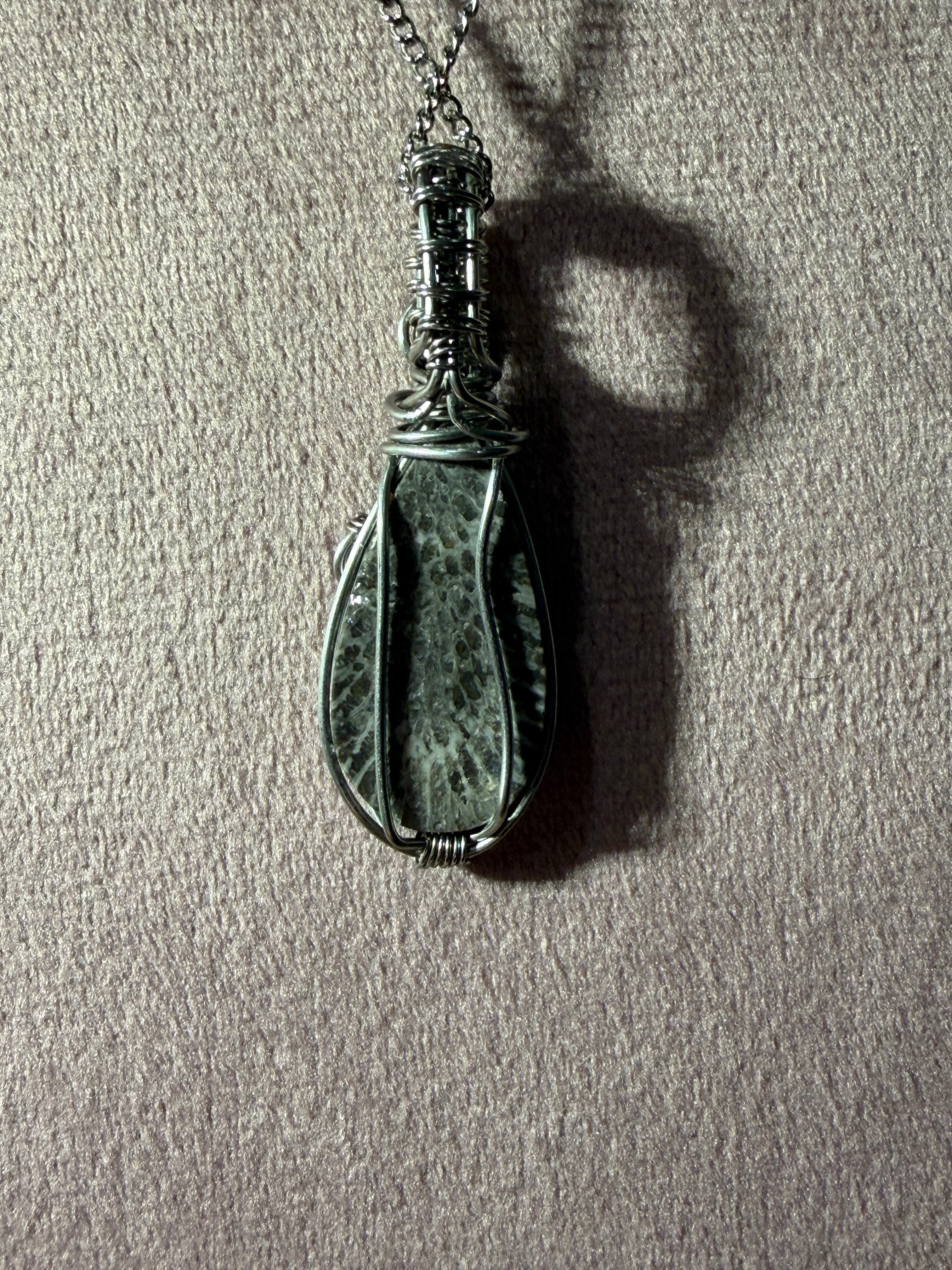 Black Fossilized Coral stainless-steel wire-wrapped pendant