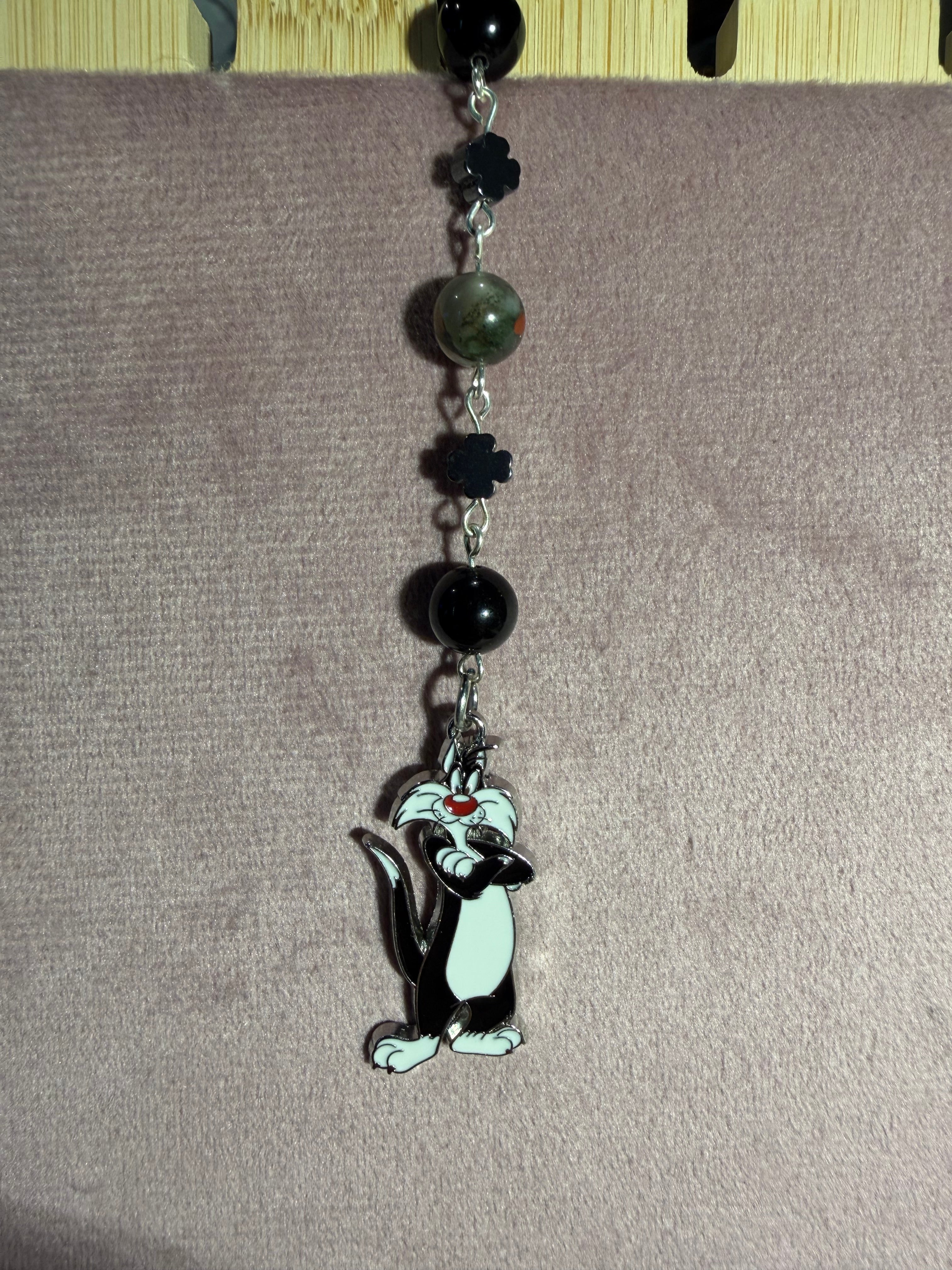 African Bloodstone & Obsidian Cat Character Keychain