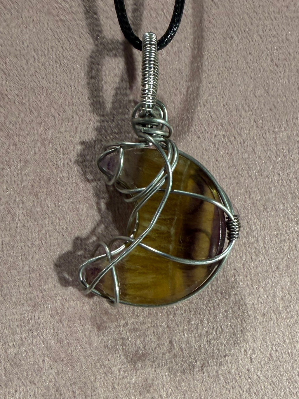 Fluorite moon stainless steel wire wrapped pendant