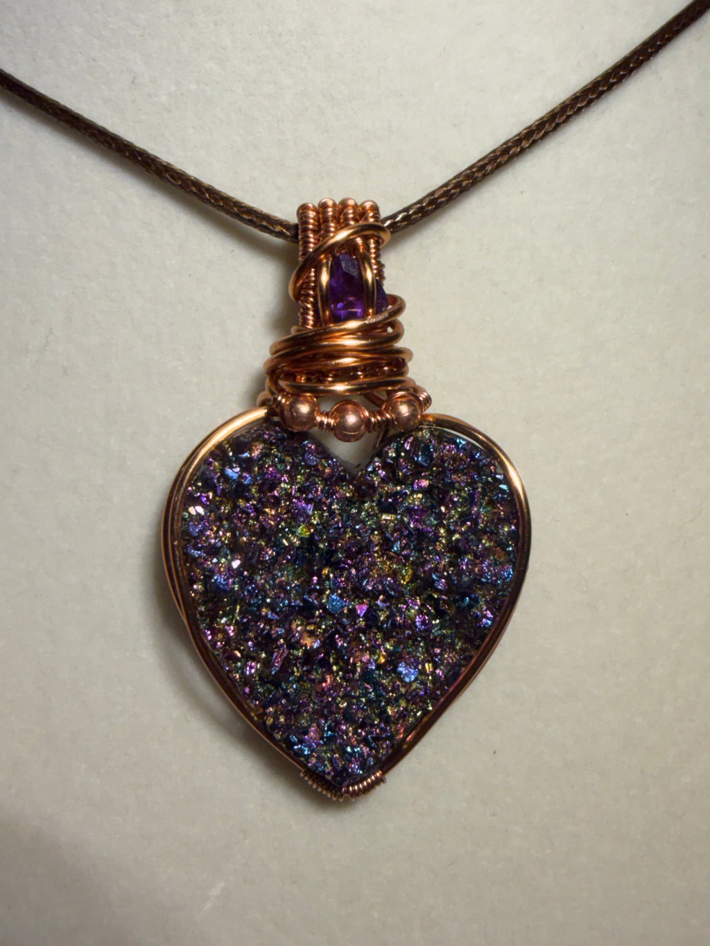 Titanium Aura Druzy Heart & Amethyst facet copper wire-wrapped pendant