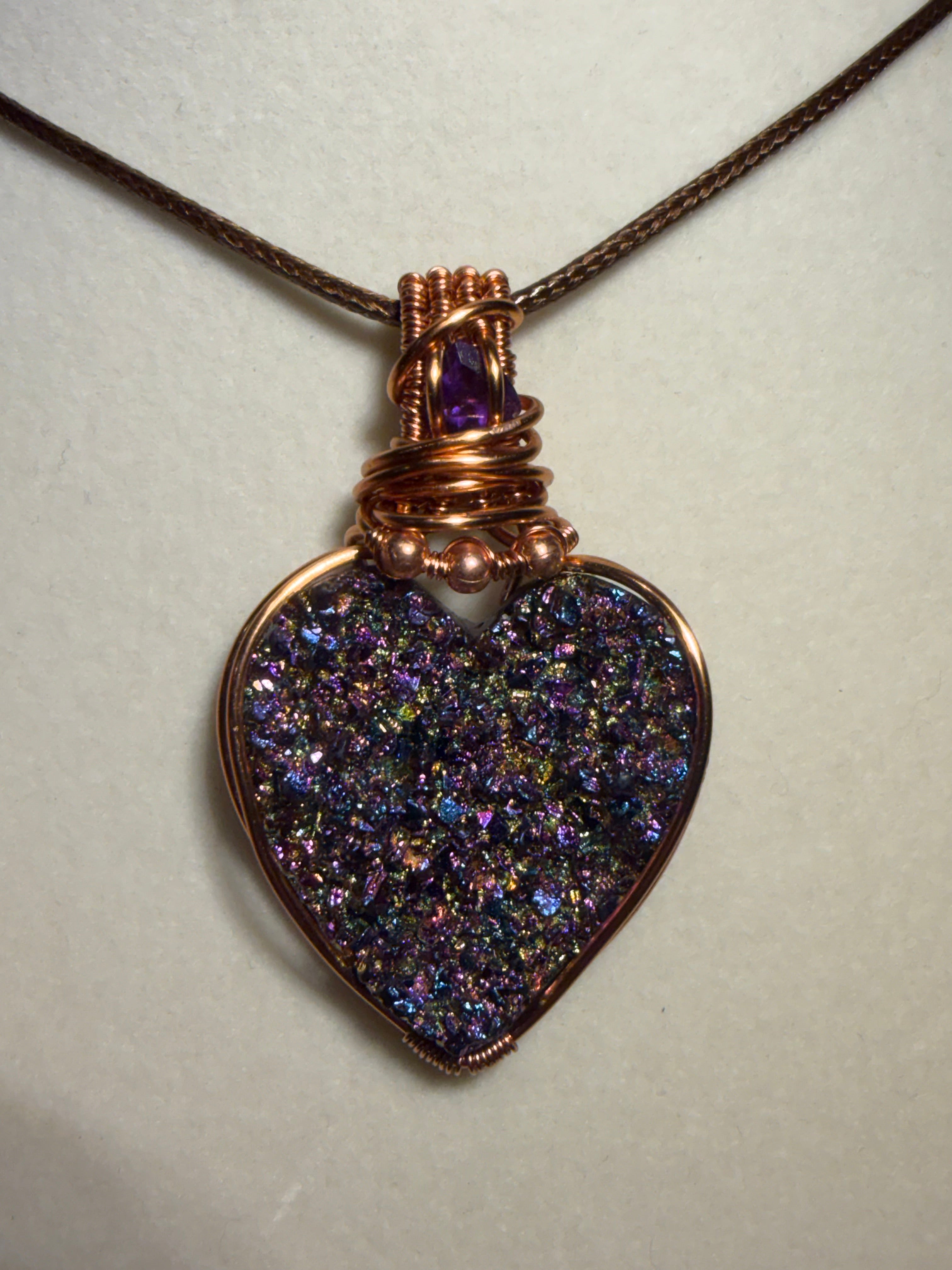 Titanium Aura Druzy Heart & Amethyst facet copper wire-wrapped pendant