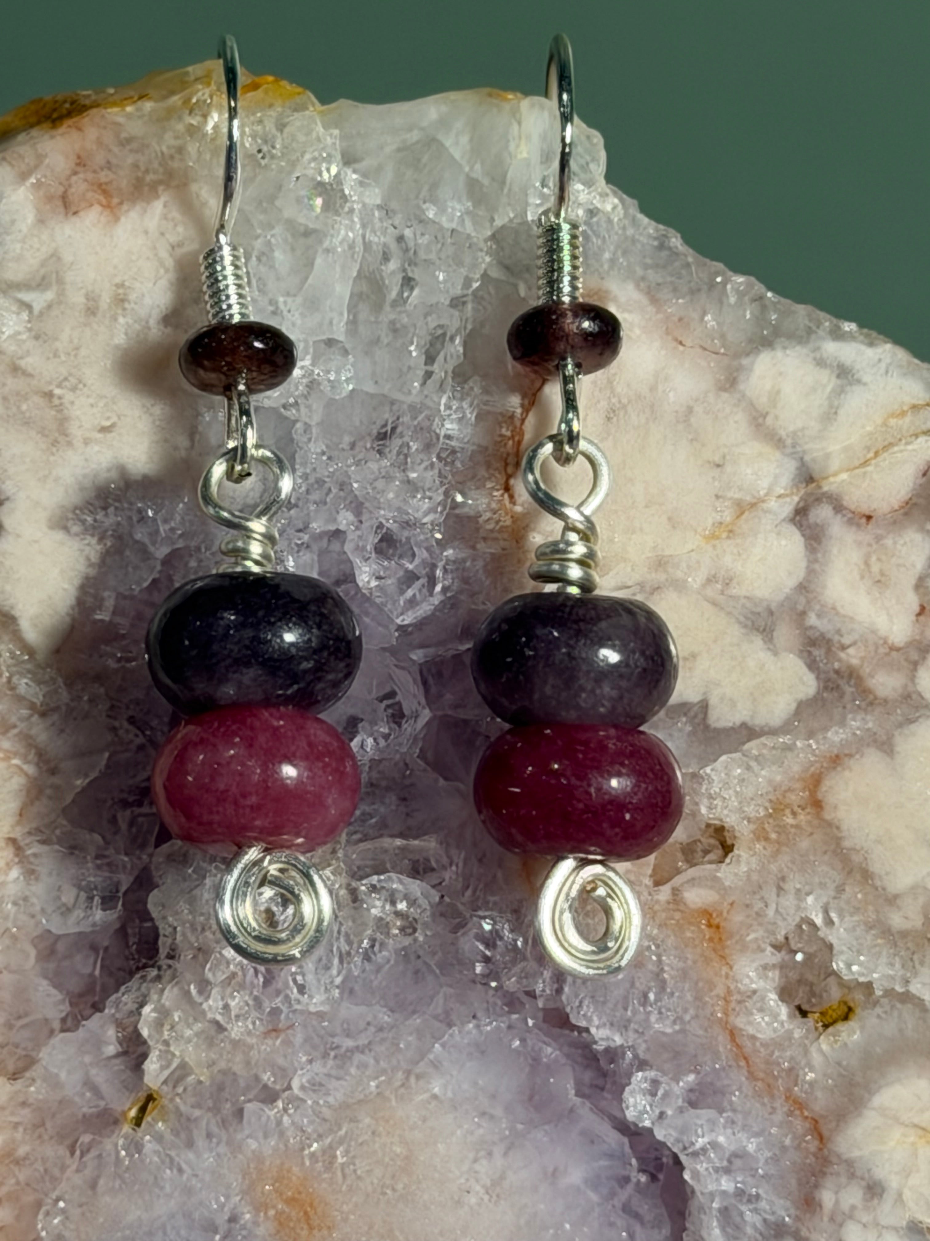 Pink & Purple Tourmaline beaded silver-tone earrings