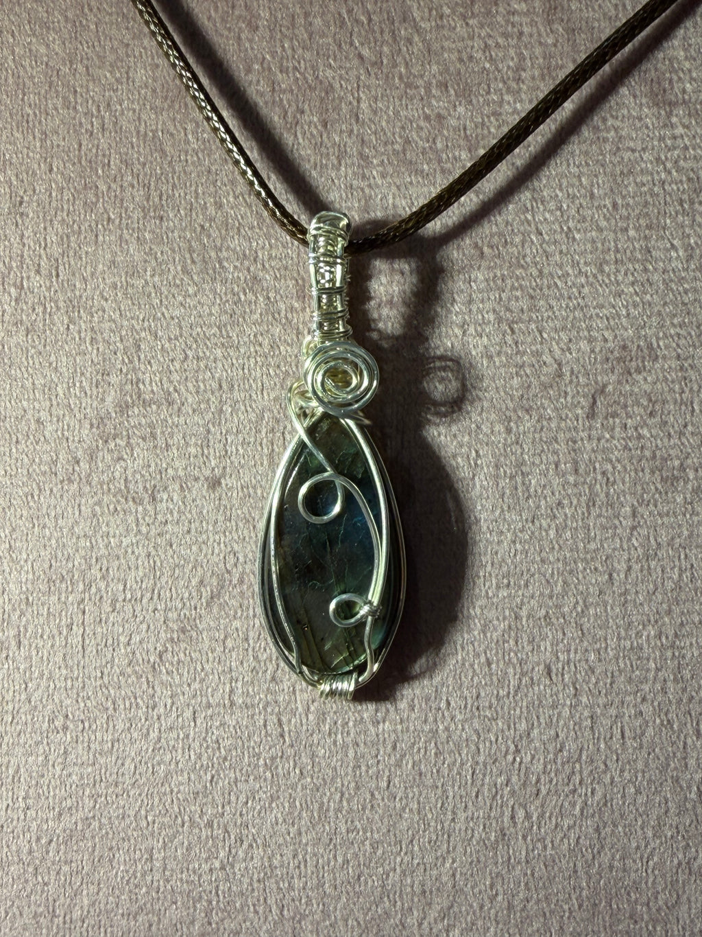 Labradorite silver-tone copper wire-wrapped pendant