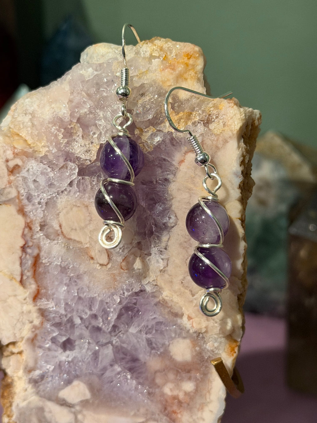 Double Amethyst silver-tone copper wire-wrapped earrings