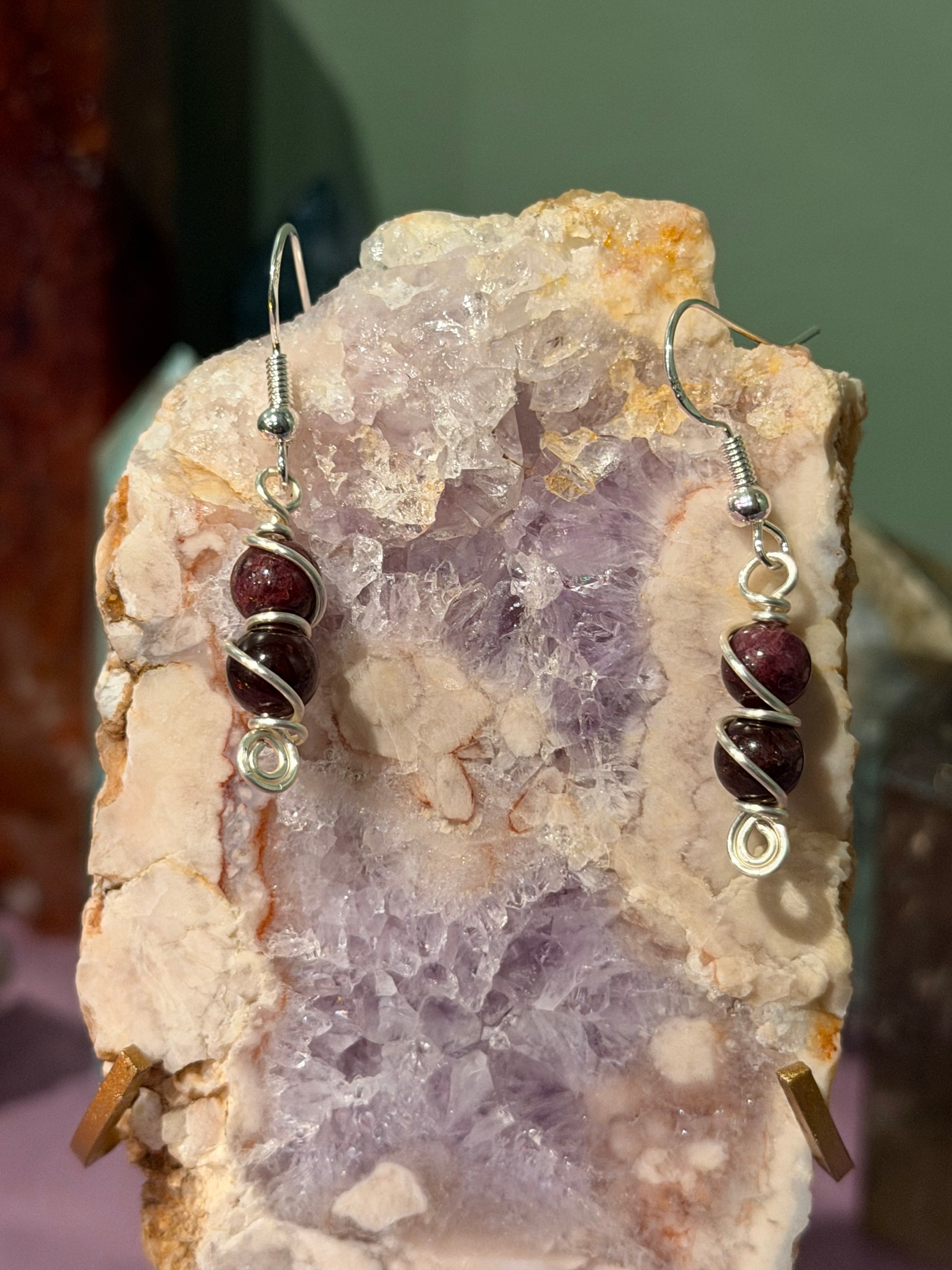Double Garnet silver-tone copper wire-wrapped earrings