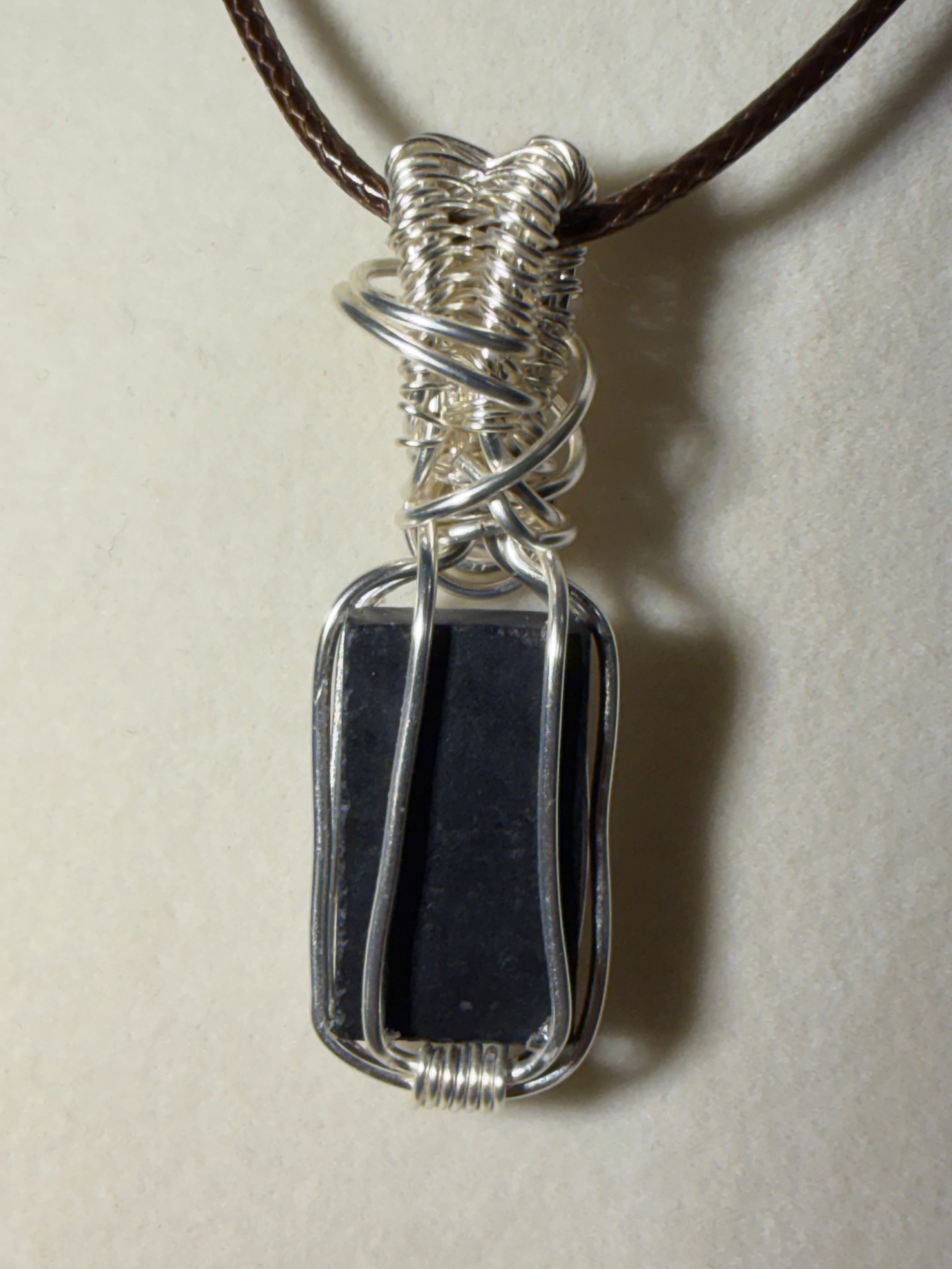 Abalone shell silver-tone copper wire-wrapped pendant