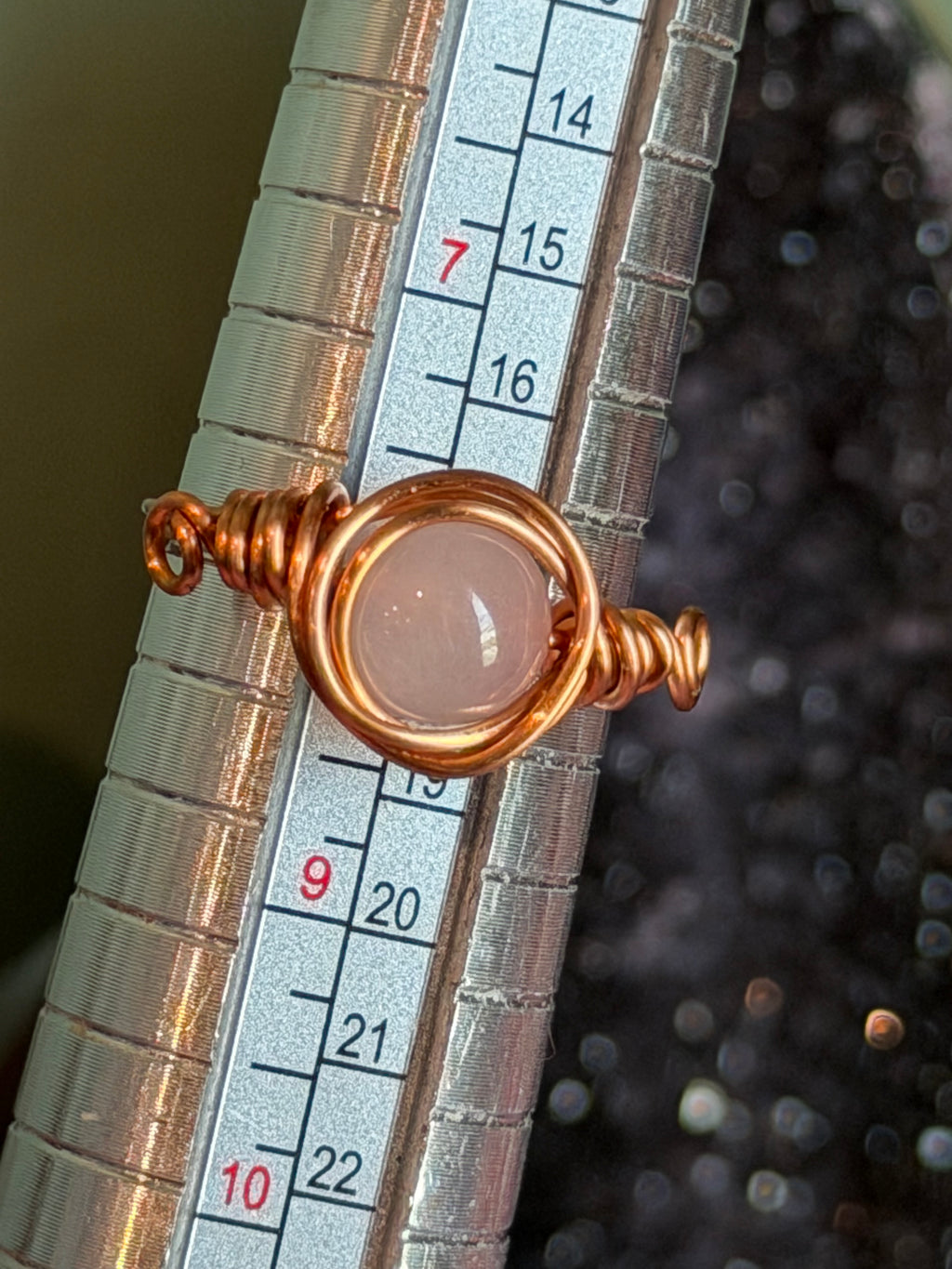 Rose Quartz size 8 copper wire-wrapped ring