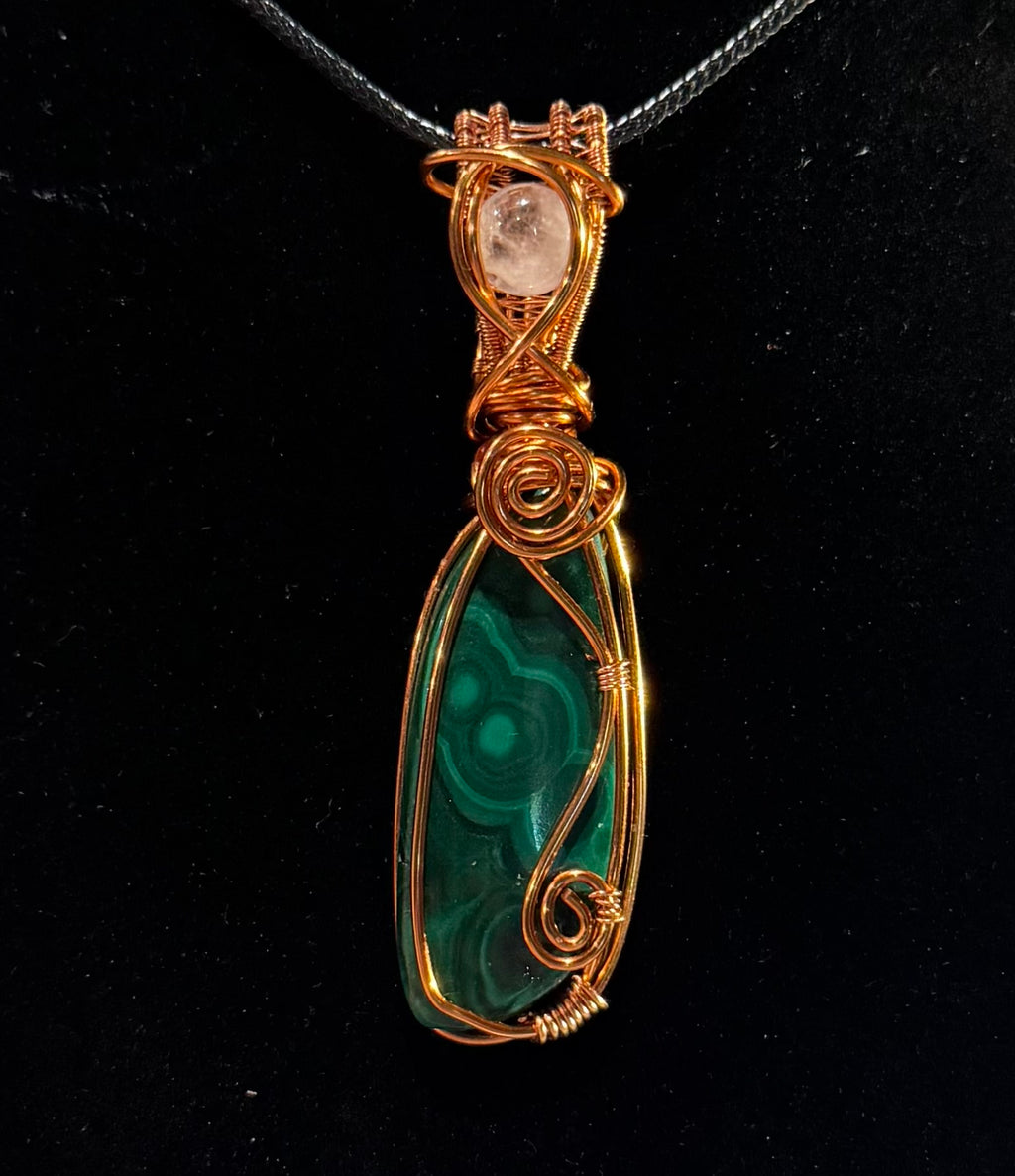 Malachite & Quartz copper wire-wrapped pendant