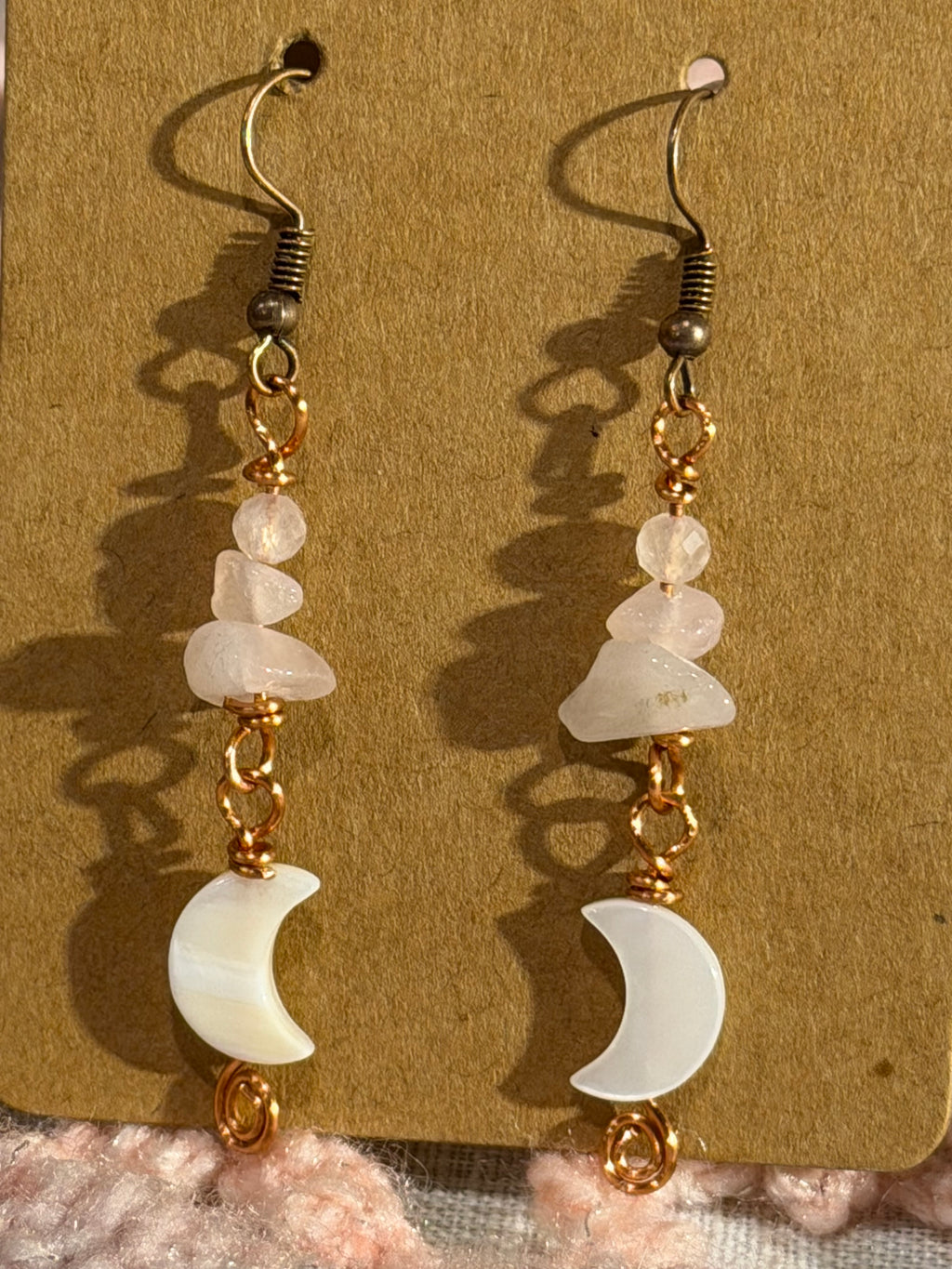 Rose Quartz & shell moon dangle earrings