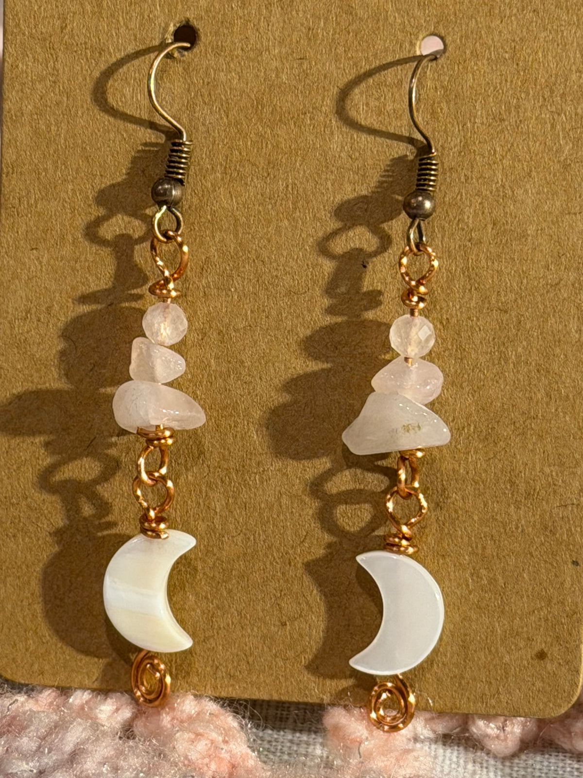 Rose Quartz & shell moon dangle earrings