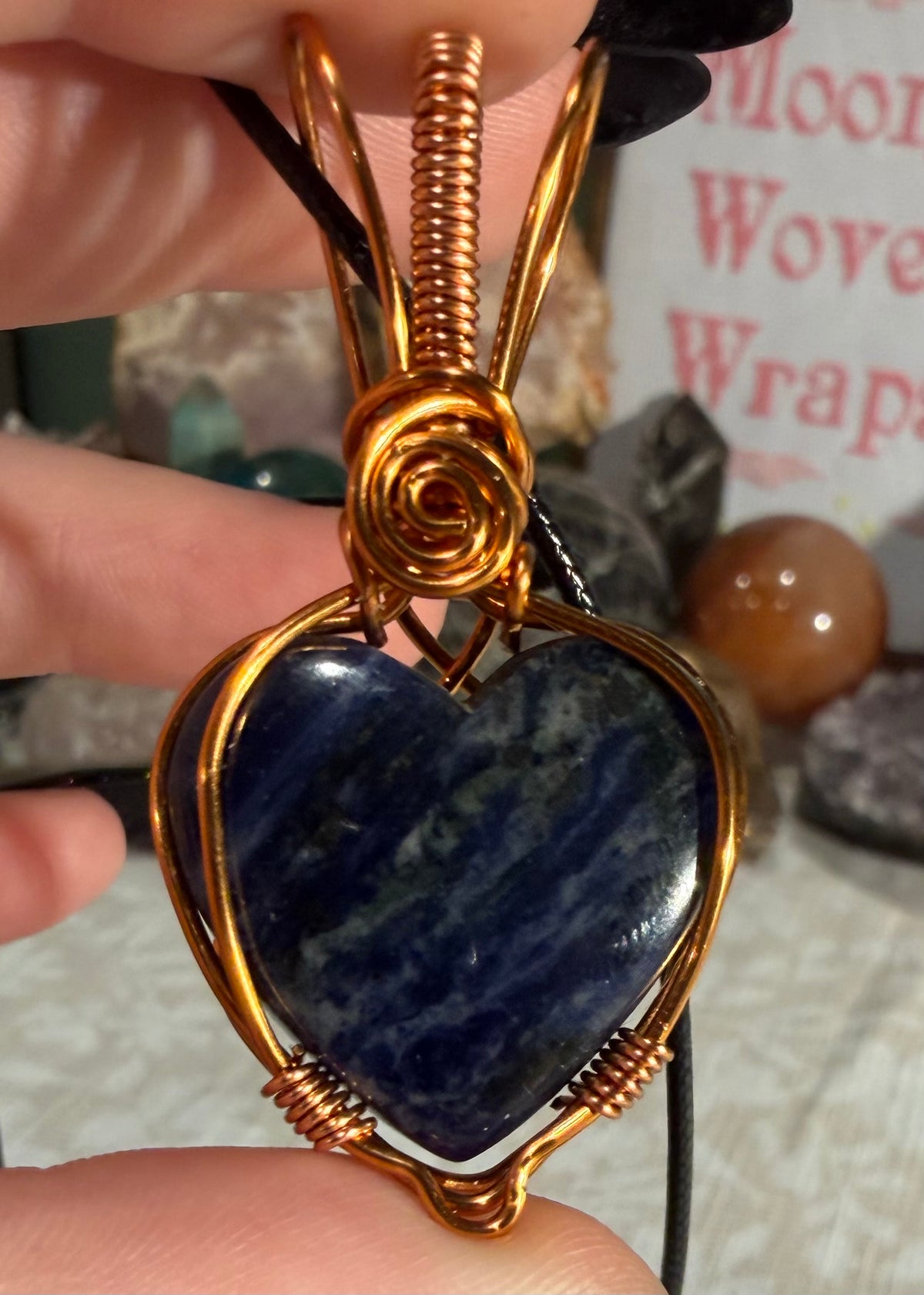 Sodalite heart copper wire-wrapped pendant